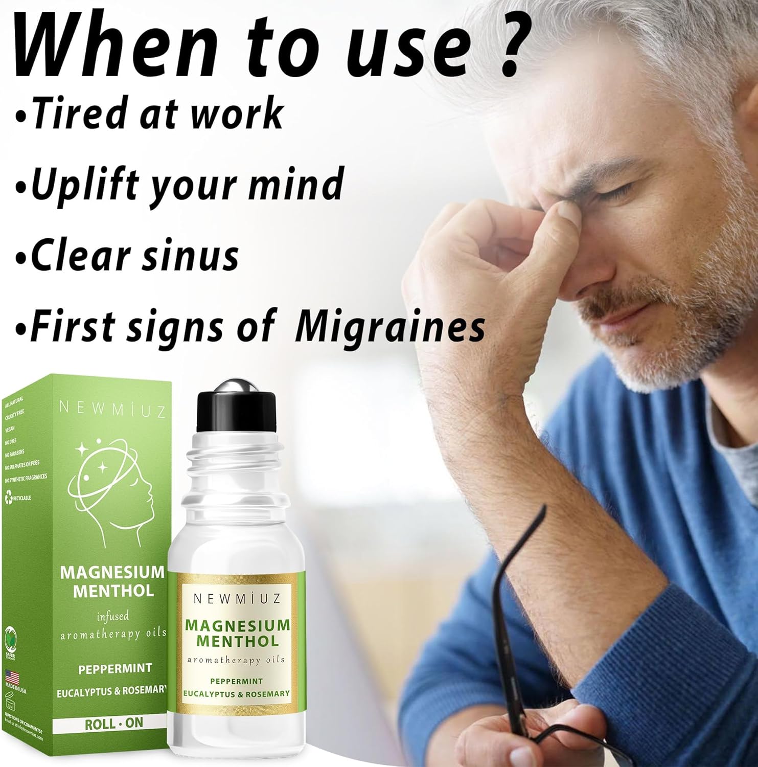 Magnesium Menthol Migraine Roll on Stick - Natural Fast Acting & Cooling Relief Peppermint Eucalyptus Aromatherapy Essential Oils for Headaches Sinus - Perfect Selfcare Gift Stocking Stuffers
