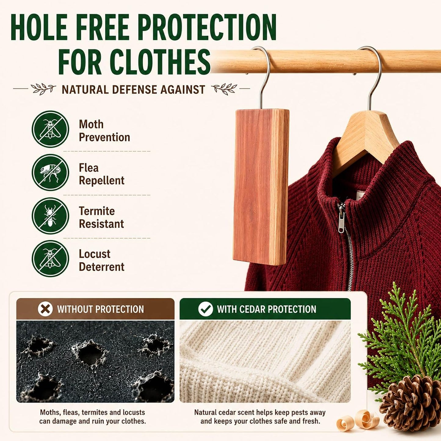 30 Pack Hanging Cedar Blocks for Clothes Storage, 100% Natural Eastern Red Cedar Planks with Metal Hooks, Sandable Cedar Closet Fresheners for Wardrobe, Drawers, Garment Bags & Storage Bins