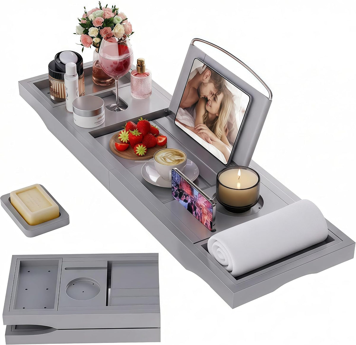 Foldable Bathtub Tray Caddy with Soap Dish Adjustable 29.5-43'' Grey