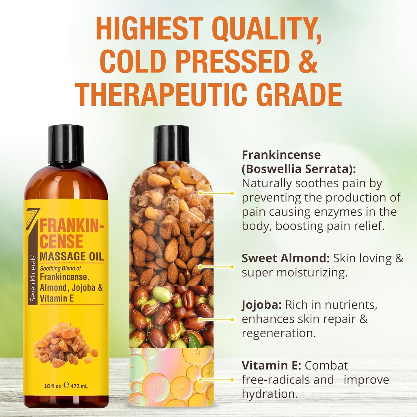 Seven Minerals Frankincense Massage Oil for Massage Therapy - Big 16 oz - Ideal for Professional or at-Home Body Massage. Soothing Natural Blend of Almond, Jojoba & Vitamin E