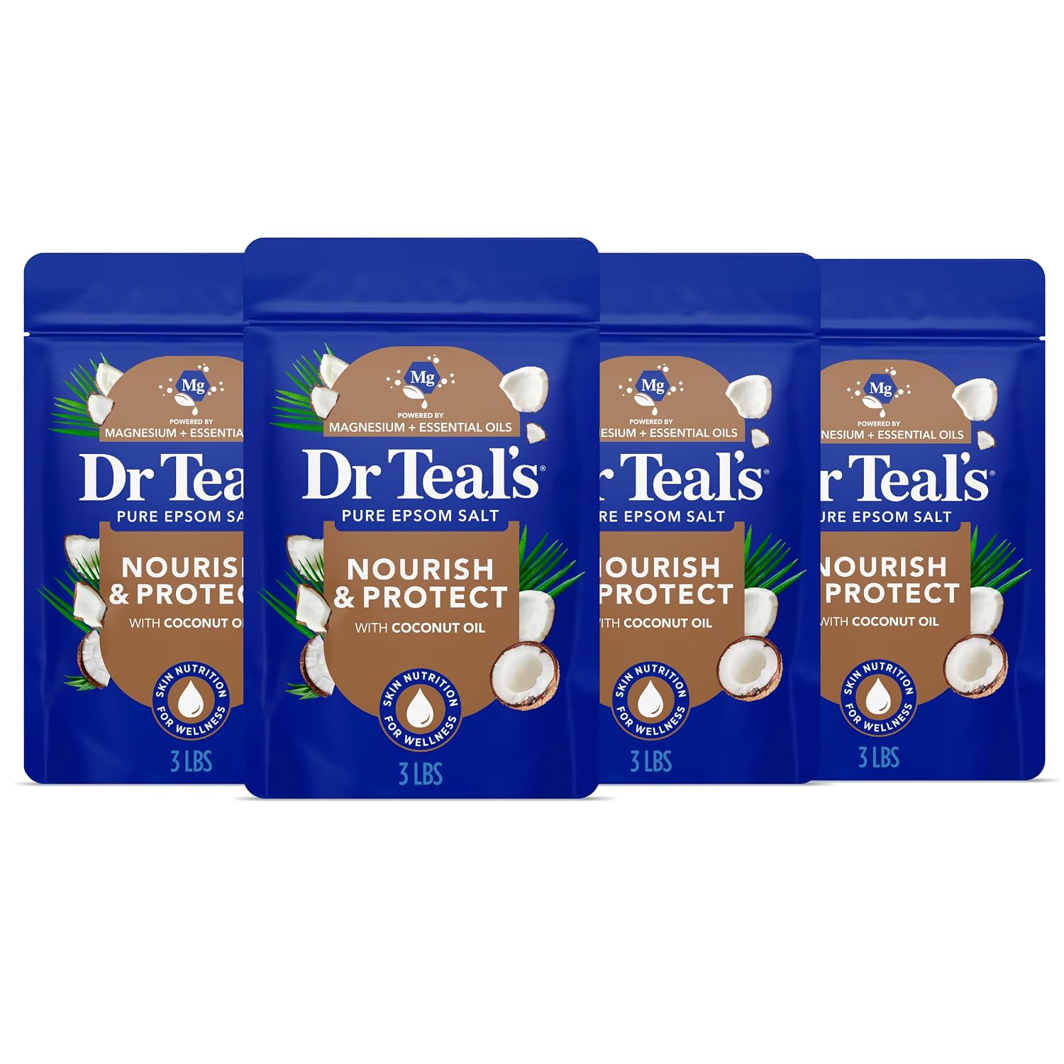 Dr Teal's Epsom Salt Magnesium Soak, Nourish & Protect with Coconut Oil, 3 lbs (Pack of 4)