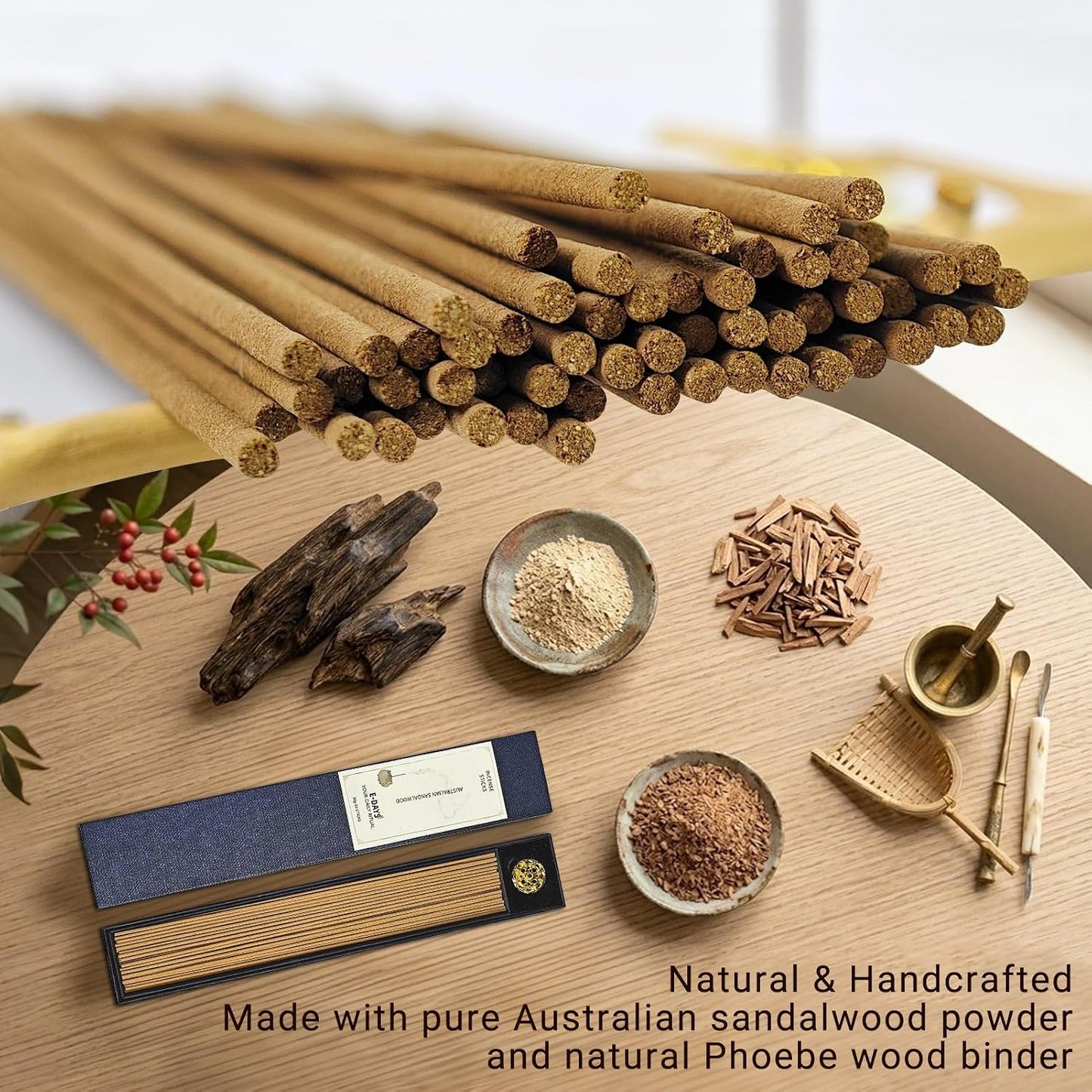 Australian Sandalwood Incense Sticks - Natural Sandalwood Incense Sticks for Meditation & Relaxation - 30g (Approx. 80 Sticks, 40 Min Burn Time) for Meditation, Yoga, Home Fragrance