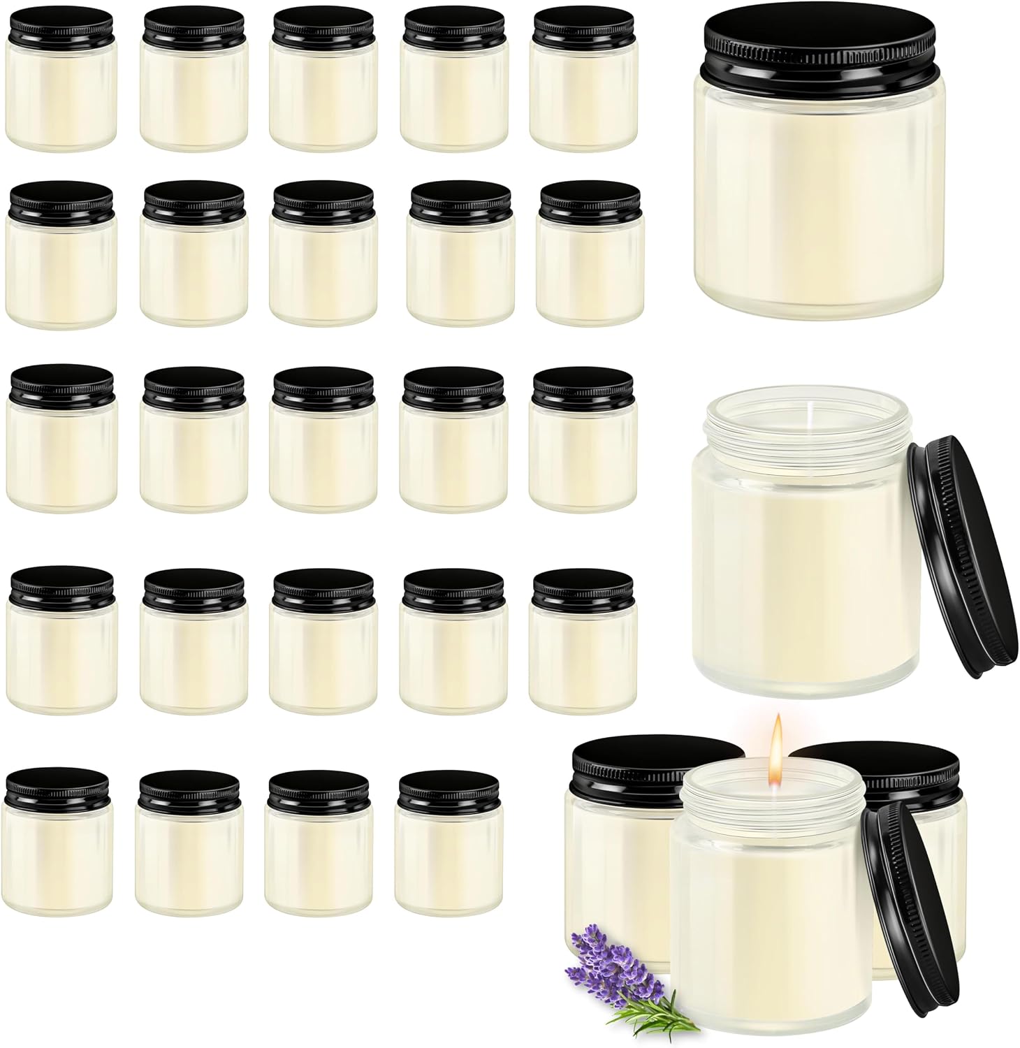 24 Pcs 4 Oz Mason Jar Candles, Lavender Scented Soy Candles Bulk Set for Stress Relief and Relaxation, Great Favors for Wedding, Christmas, Housewarming Gifts (Black, Lavender, 24)