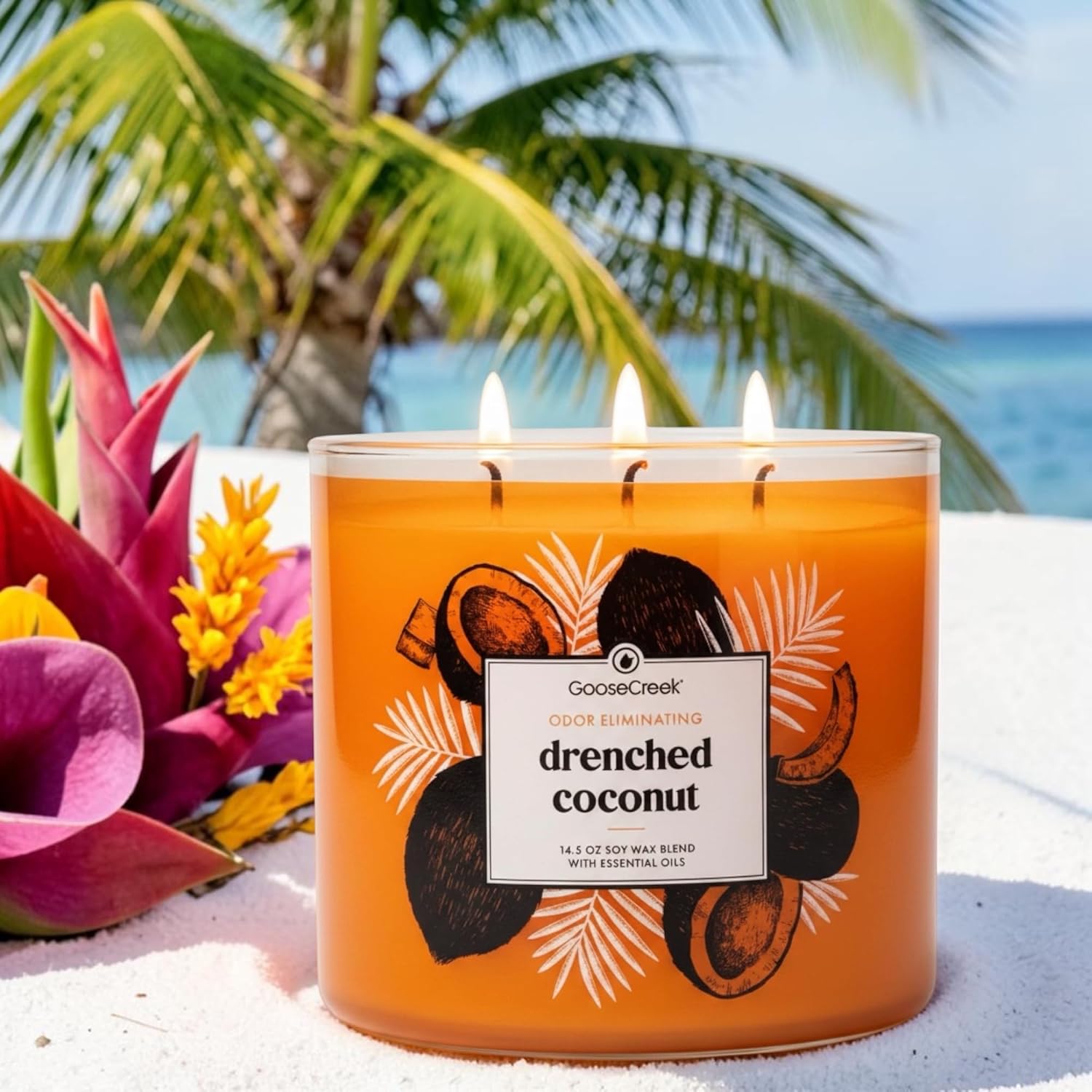 Drenched Coconut 3-Wick Candle, Odor Eliminating, 14.5 oz Soy Wax Blend with Essential Oils