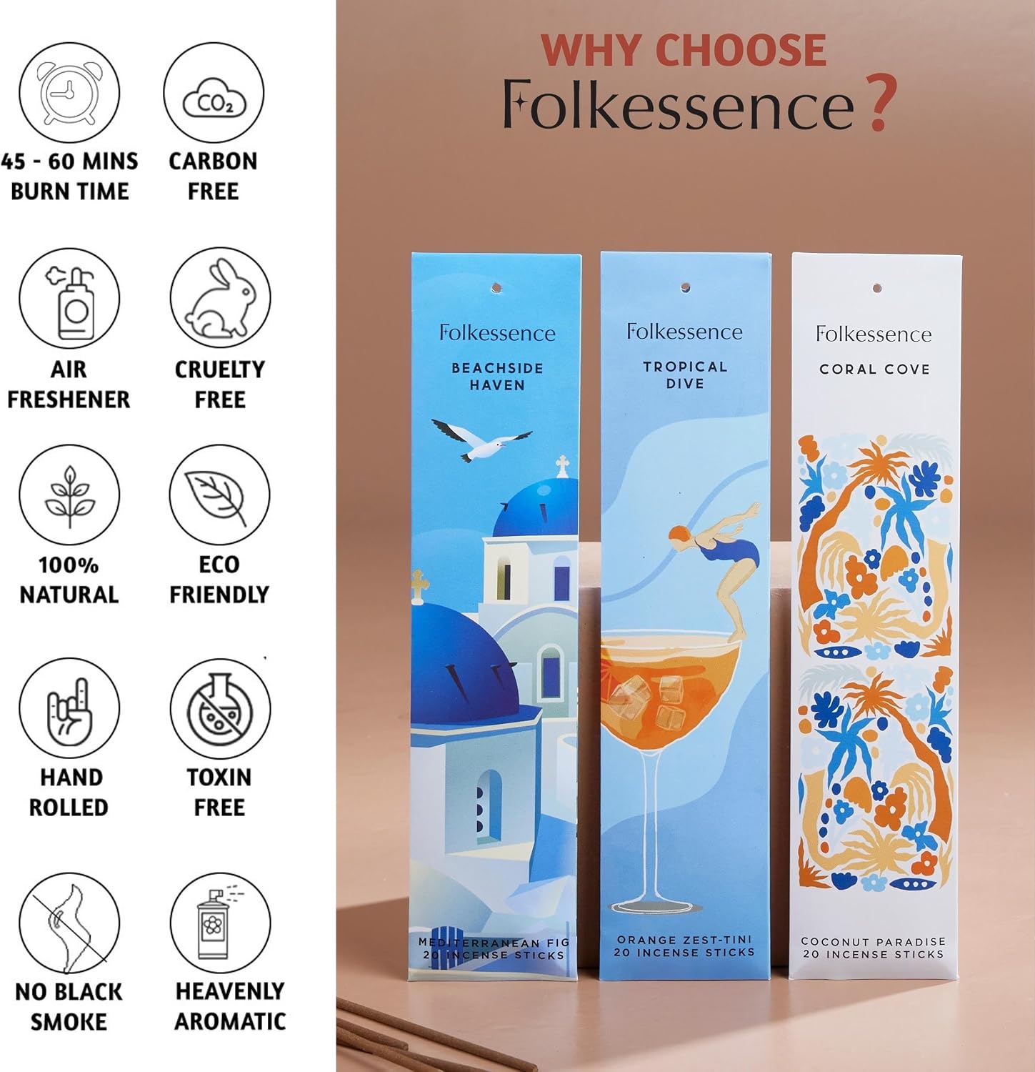 Folkulture Incense Sticks (120 Sticks) | Set of 6 Premium Beach Vibes Summer Incense Stick for Mediation, Relaxation| No Charcoal, Non Toxic, 45 Mins Burning Oud, Orange, Coconut Insence-Sticks