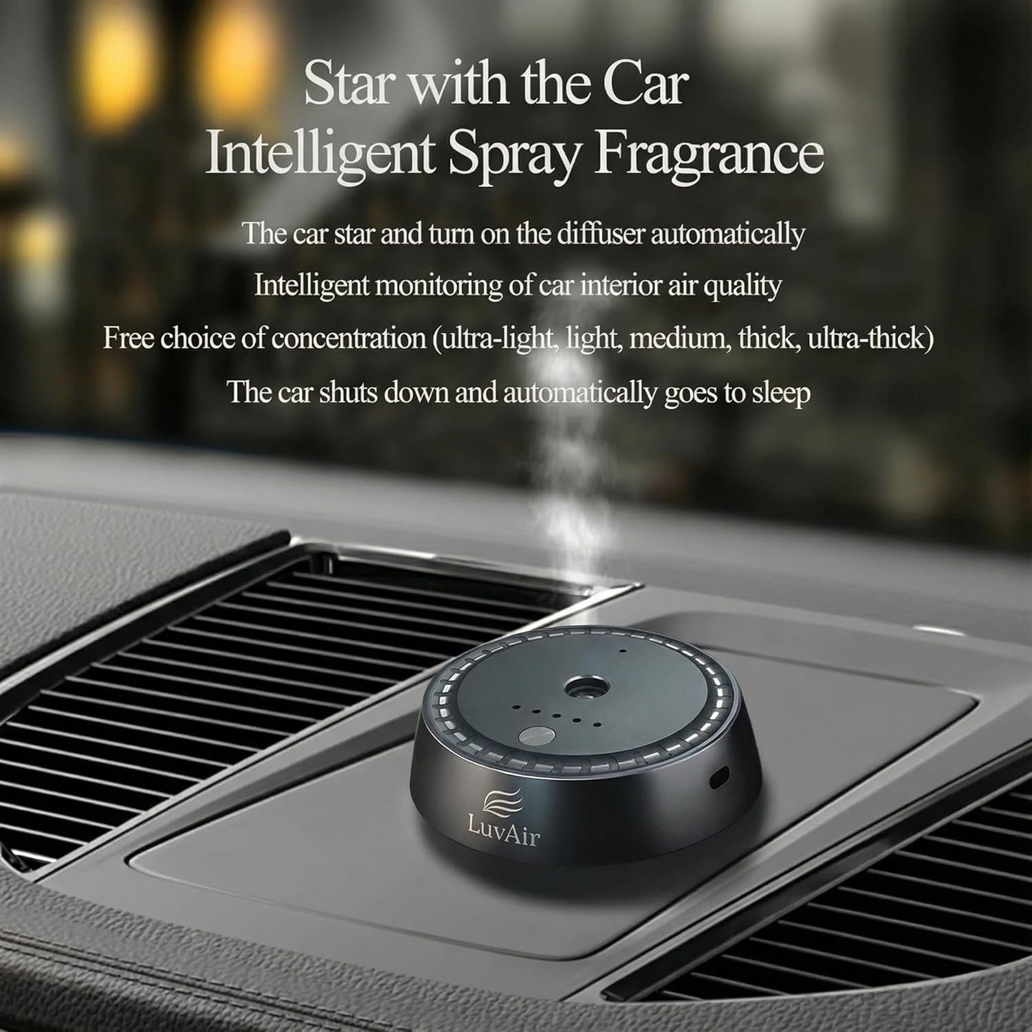 LuvAir Smart waterless car Aroma Diffuser Set, Adjustable Ultra Sonic-Mist Technology, Rechargeable, 100% Natural Fragrance, Aromatherapy Oil Scent Included (Black, Peach Lumiere)