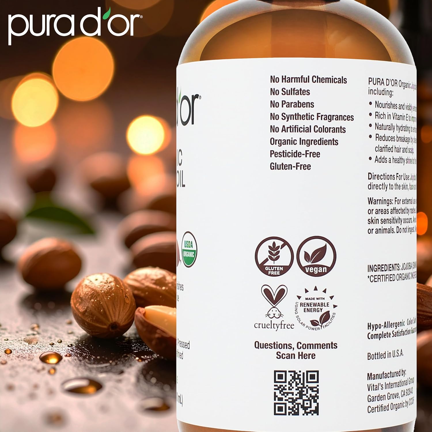 PURA D'OR ORGANIC Jojoba Oil (16.9 Oz GLASS BOTTLE) USDA Certified - 100% Pure & Natural