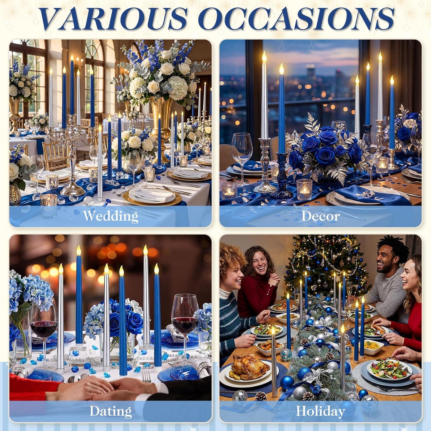 Baquler 6 Pcs 11'' Blue Silver Flameless Taper Candles Battery Operated Candle LED Plastic Flickering Candlesticks for Birthday Wedding Baby Shower Graduation Prom Dinner Home Party Decor