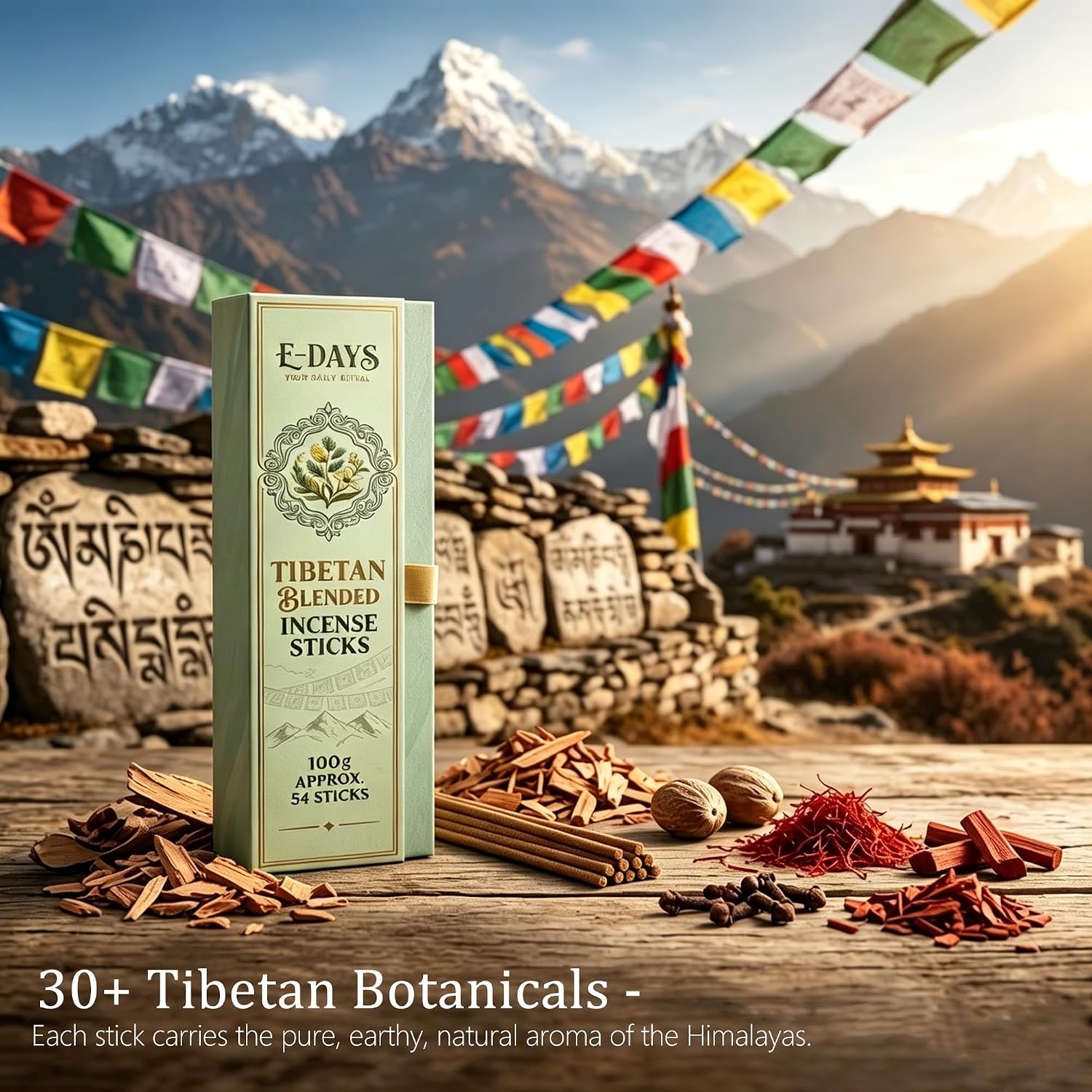 Tibetan Blended Incense Sticks - 100g Natural Herbal Incense for Meditation, Relaxation, Sleep, Handcrafted with 30+ Tibetan Botanicals, 54 Sticks, 21cm, 50 Min Burn Time Light Green Gift Box