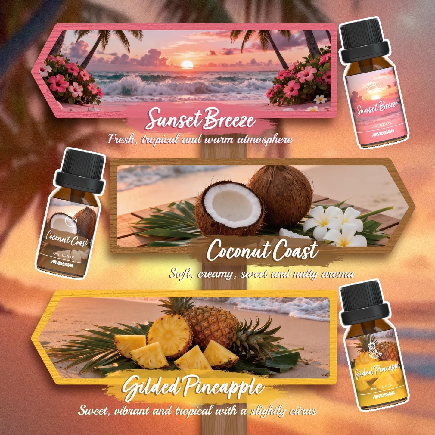 ARVIDSSON Hawaii Fragrance Oil Set, Summer Essential Oils for Diffuser, Tropical Scent Oils - Sunset Breeze, Coconut Coast, Gild Pineapple, Tropical Citrus, Iced Watermelon, Tanderine Mojito
