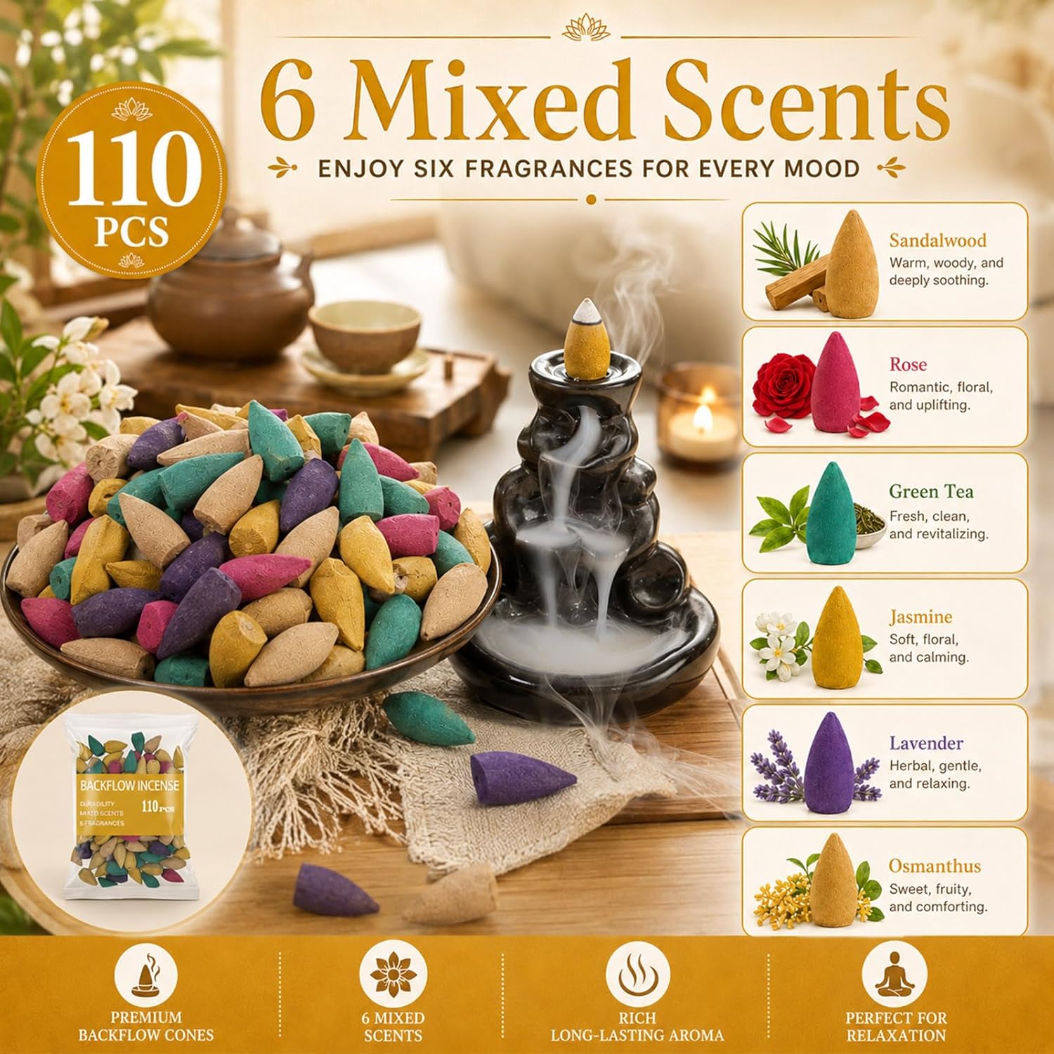 110Pcs Backflow Incense Cones for Waterfall 6 Different Mixed Natural Incense Waterfall Cones