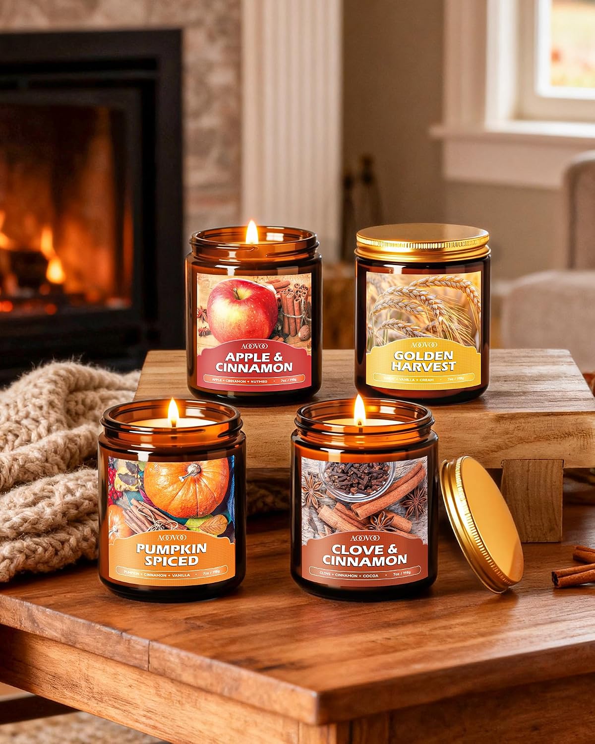 AOOVOO Fall Candles Set - 4 Pack Candles for Home Scented, 28 oz Natural Soy Wax 200 Hour Long Lasting, Autumn Gifts Set for Women Men Fall Fragrance of Pumpkin/Apple Cinnamon/Clove/Wheat Vanilla