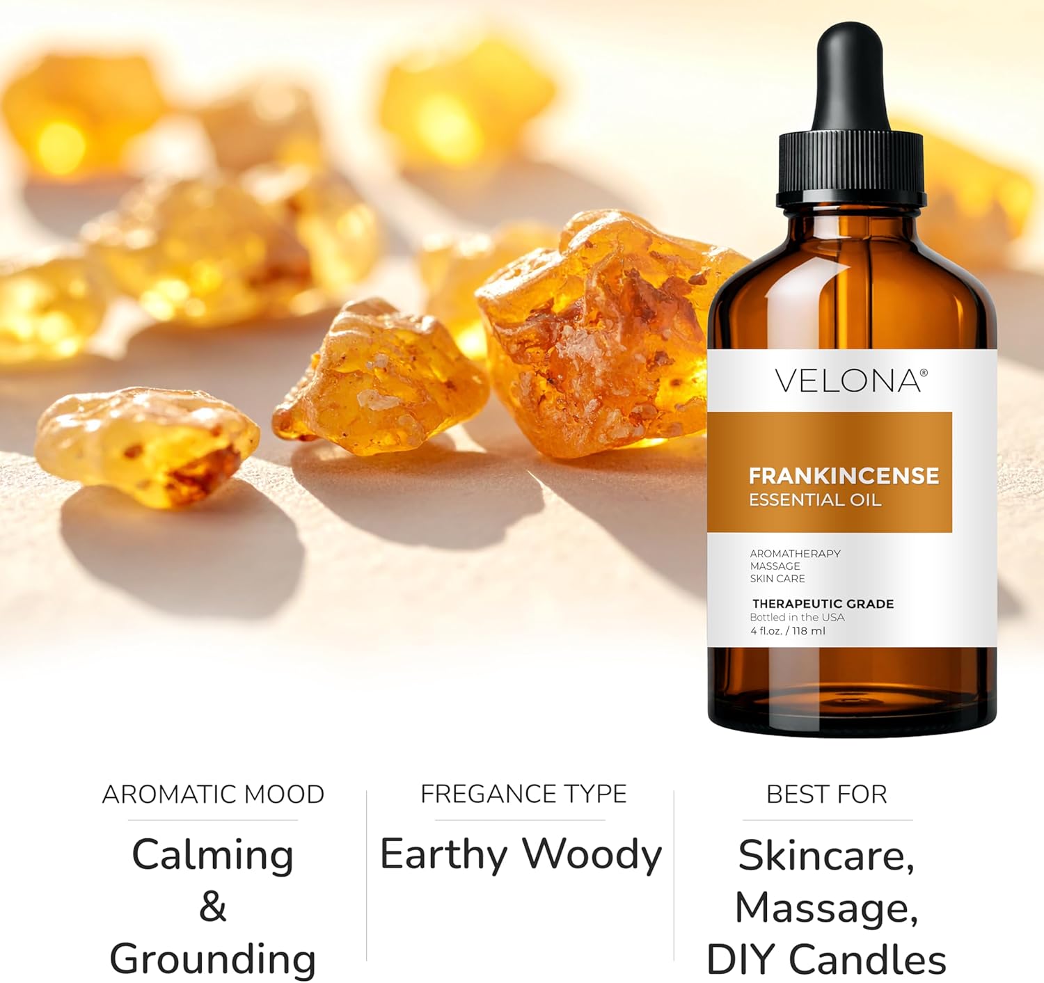 velona Frankincense Essential Oil - 4 oz | Therapeutic Grade | for Aromatherapy Diffuser, Massage, Skincare, Haircare, Soapmaking | Undiluted and Multipurpose in Glass Bottle