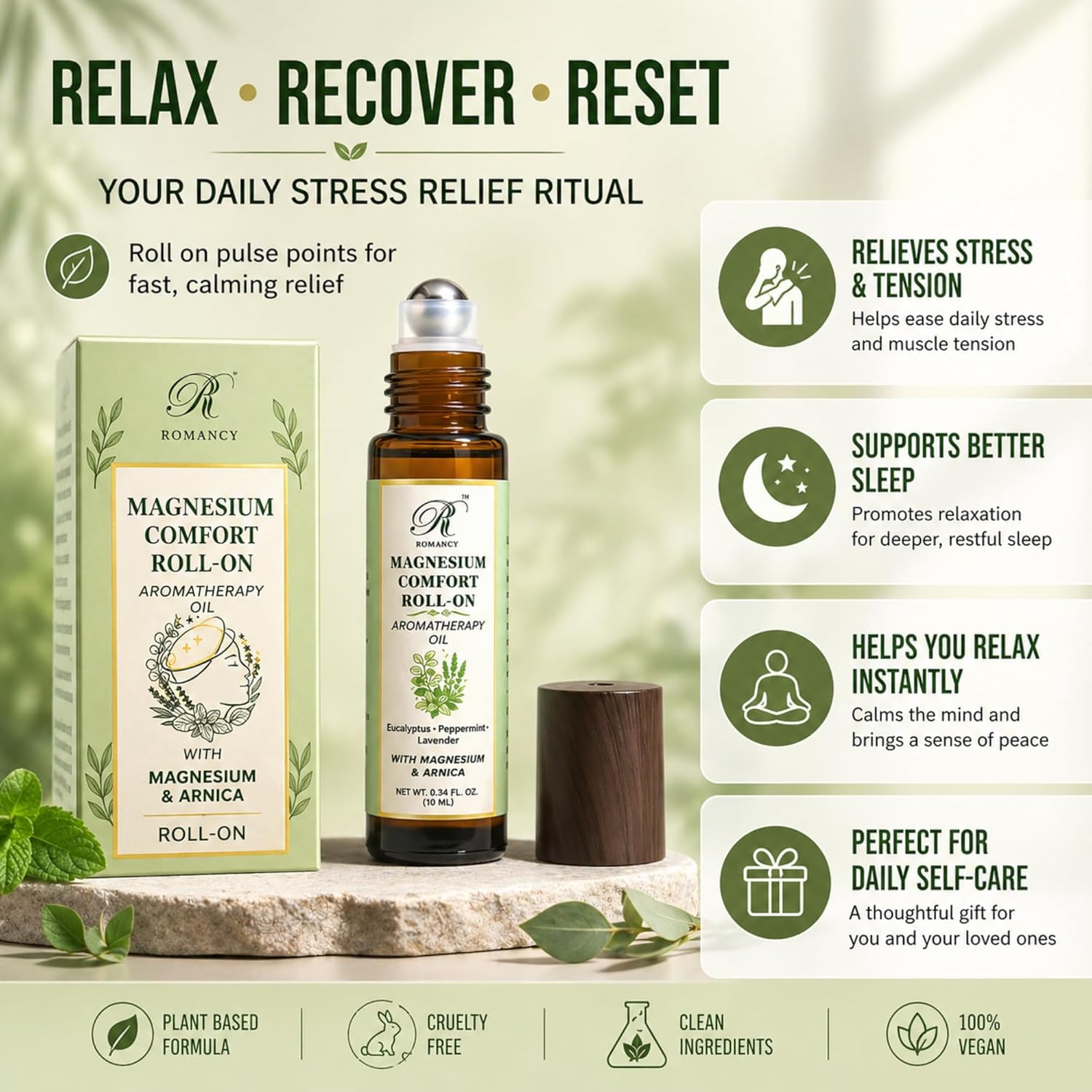 Migraine Relief Roll-On for Headache Relief with Magnesium & Arnica – Peppermint, Lavender & Eucalyptus Essential Oils – Cooling Aromatherapy Oil for Stress, Tension & Sinus Support – 10ml