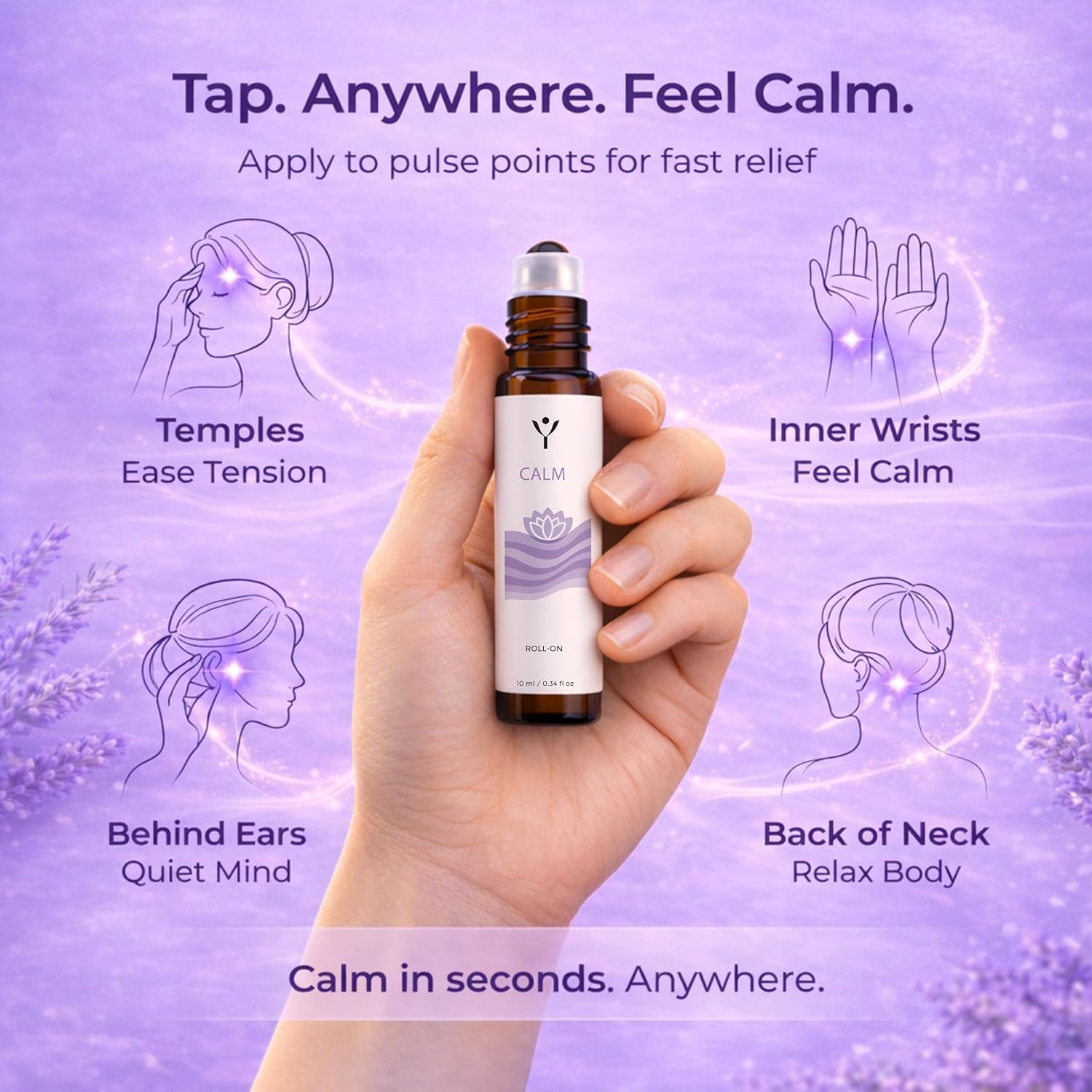 Calm Essential Oil Roll On – Stress Relief Aromatherapy Roller with Lavender, Bergamot & Ylang Ylang – Relax & Unwind Essential Oil Blend – 10 ml