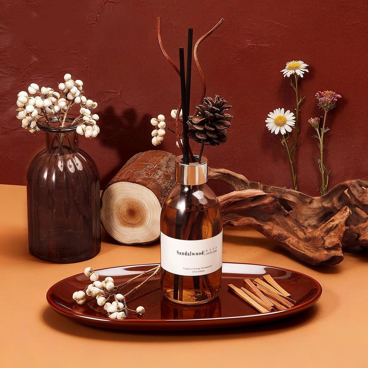 Clesh Reed Diffuser Set, 6.7 oz Sandalwood Scented Diffuser with Sticks, Home Fragrance Reed Diffuser for Bathroom Shelf Decor