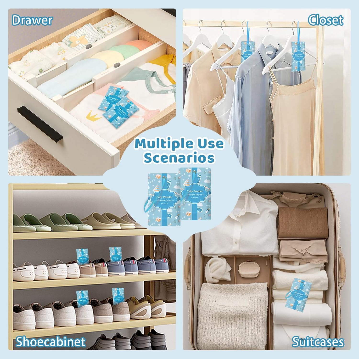 SCENTORINI Scented Sachets for Drawers and Closets, Baby Powder Scent 14 Pack, Long-Lasting Sachets Bags Wardrobe Freshener for Drawers, Closets, Handbags, Suitcases