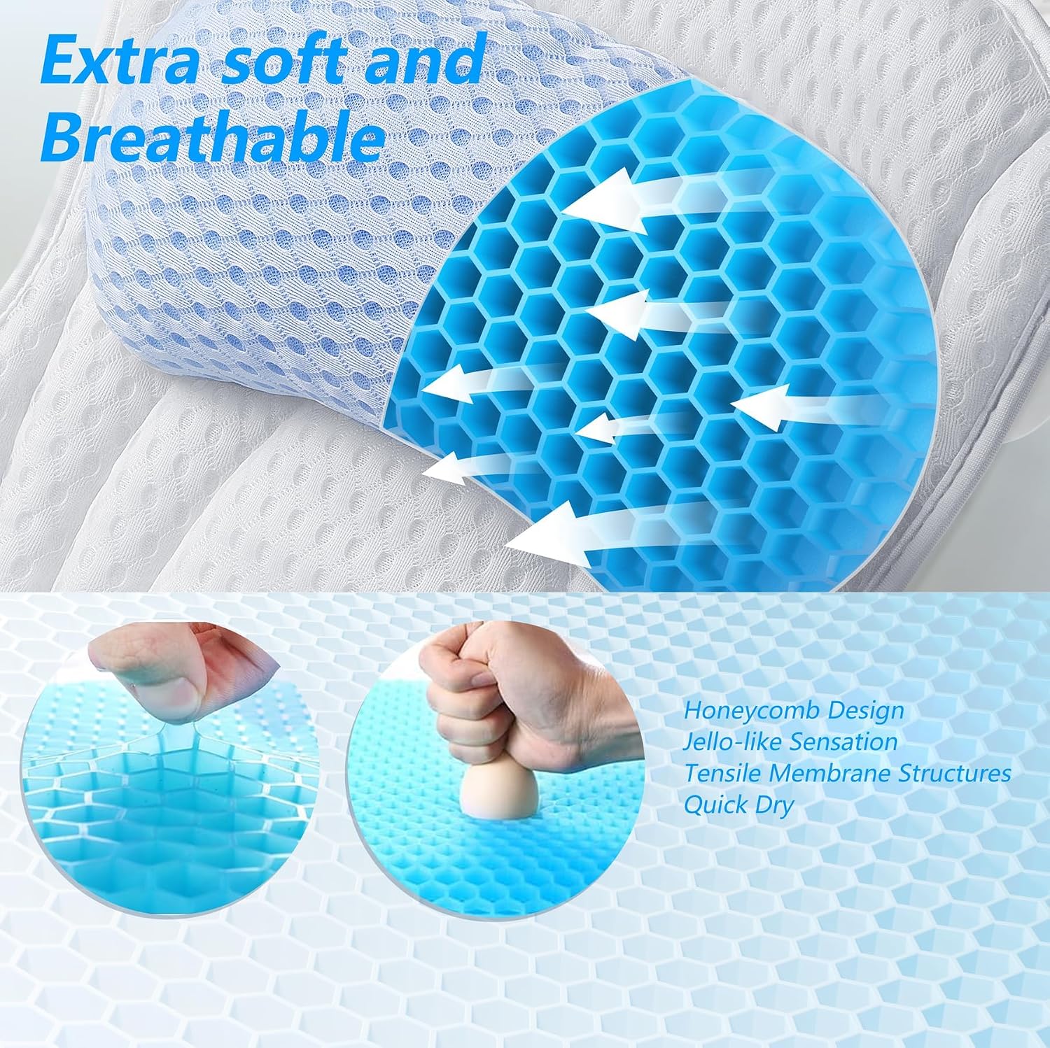 Bath Pillow for Tub, Luxury Bathtub Pillows with Head, Neck and Back Support, Bath Tub Pillow with Soft 4D Breathable Air Mesh Fabric and Non-Slip Suction Cups, Relaxing Bath Tub Accessories, White