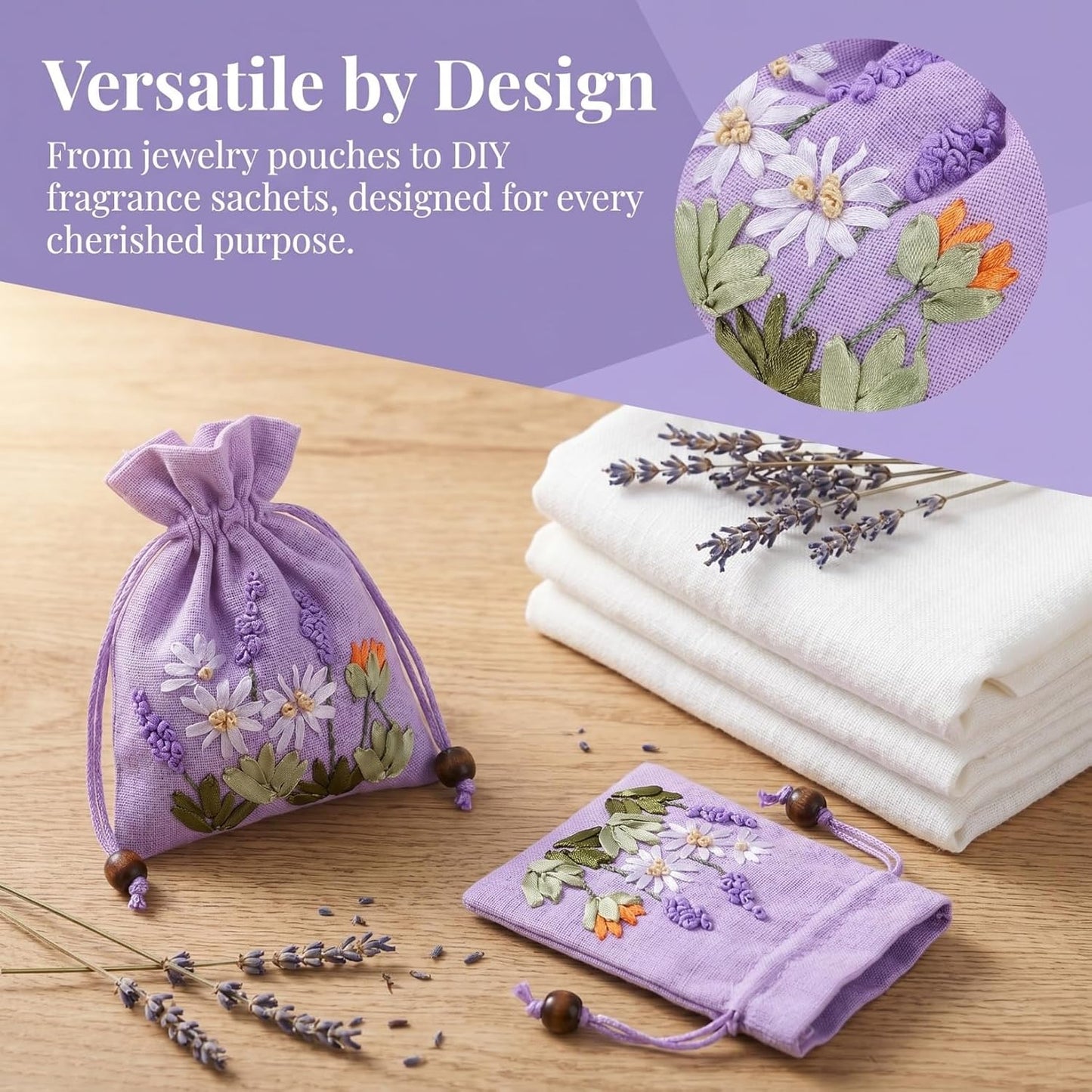 Hoement 4Pcs Embroidered Lavender Sachet Bags Small Drawstring Linen Brocade Pouches for Jewelry Storage Wedding Favor and Fragrance Packaging