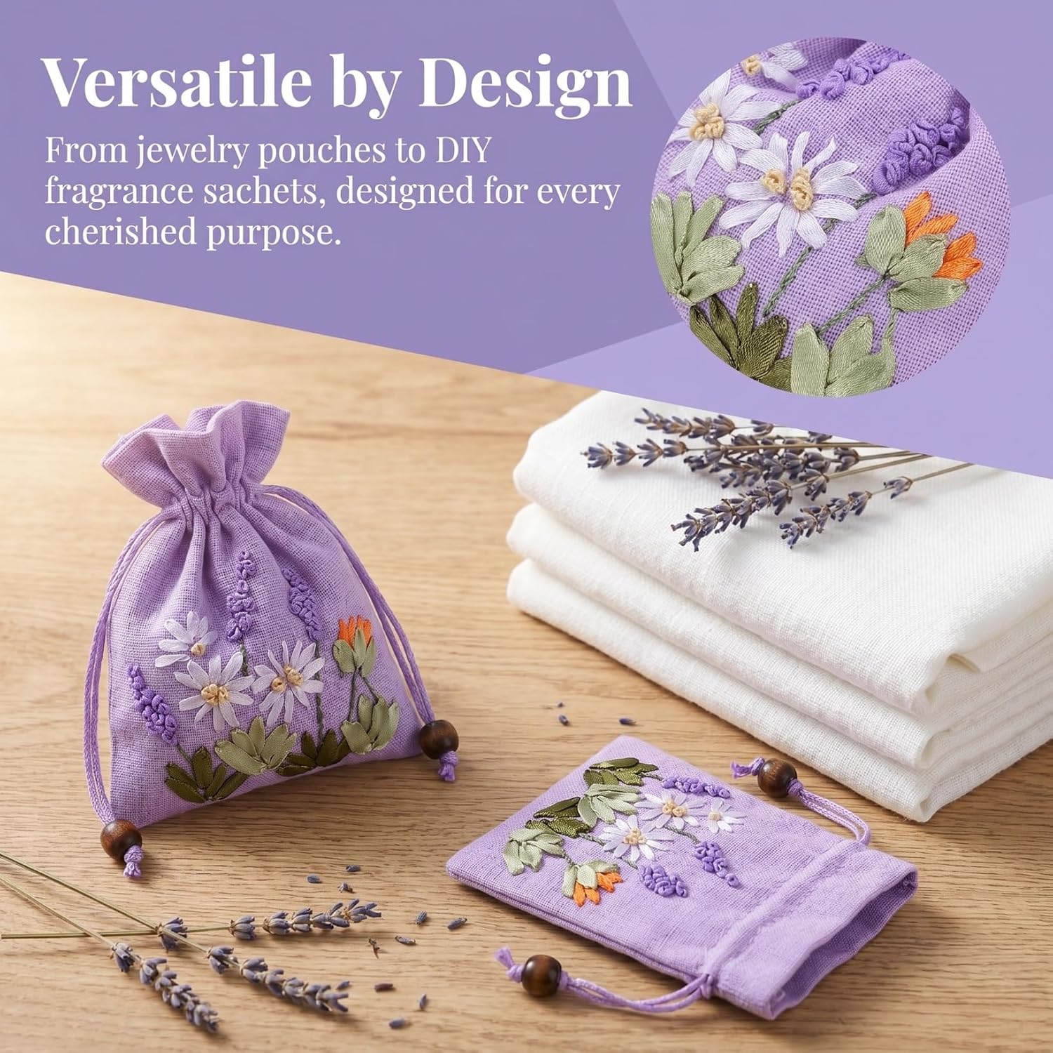 Hoement 4Pcs Embroidered Lavender Sachet Bags Small Drawstring Linen Brocade Pouches for Jewelry Storage Wedding Favor and Fragrance Packaging