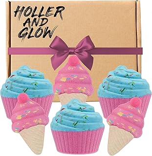 Holler and Glow Sweet Treat Bath Bomb Variety, Cupcake & Ice Cream, Bath Bombs for Girls, Sweet Scented, Fizzy Color Bursting, Non Toxic, Skin Safe, Mother's Day, Easter Or Birthday, 6 Piece Gift Set