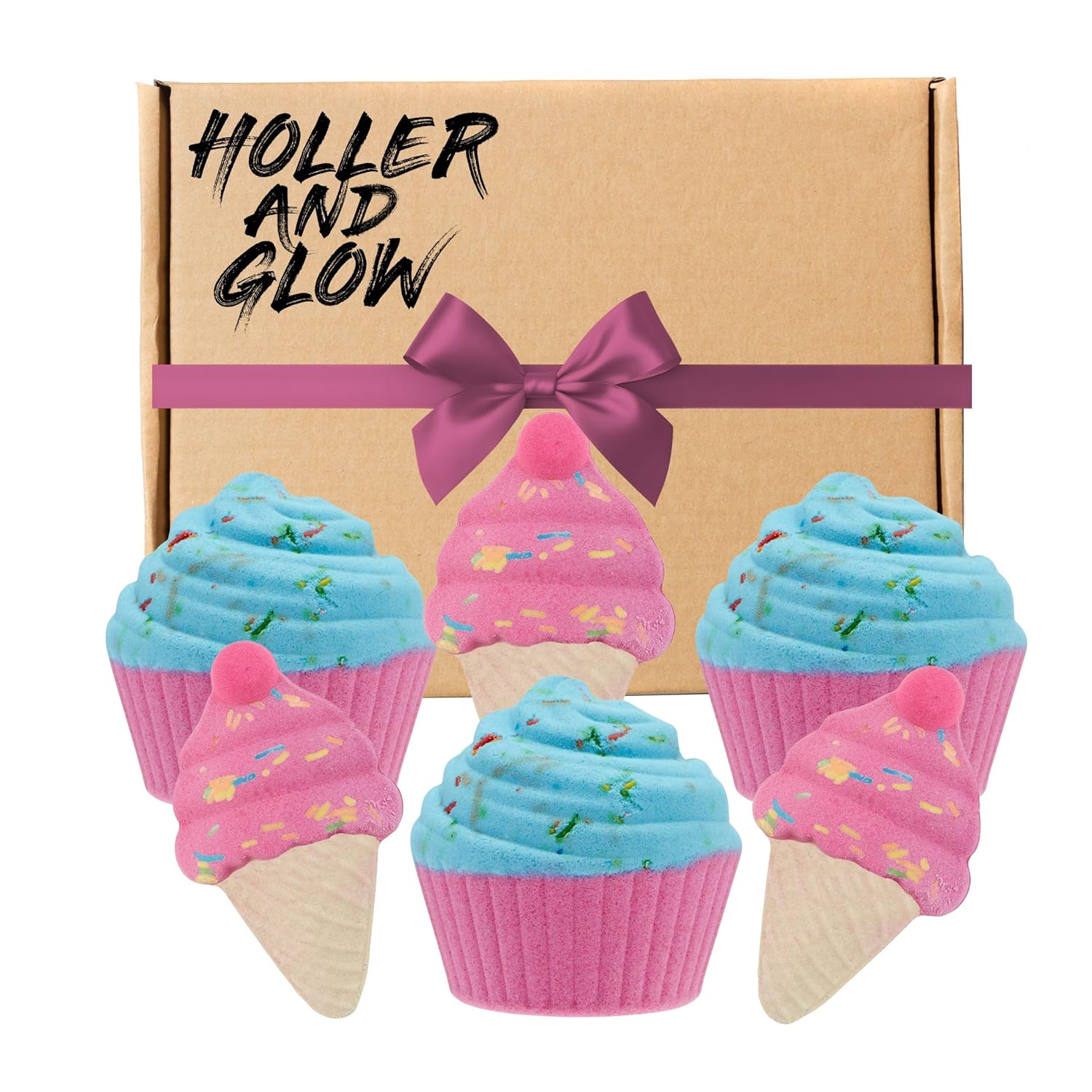 Holler and Glow Sweet Treat Bath Bomb Variety, Cupcake & Ice Cream, Bath Bombs for Girls, Sweet Scented, Fizzy Color Bursting, Non Toxic, Skin Safe, Mother's Day, Easter Or Birthday, 6 Piece Gift Set