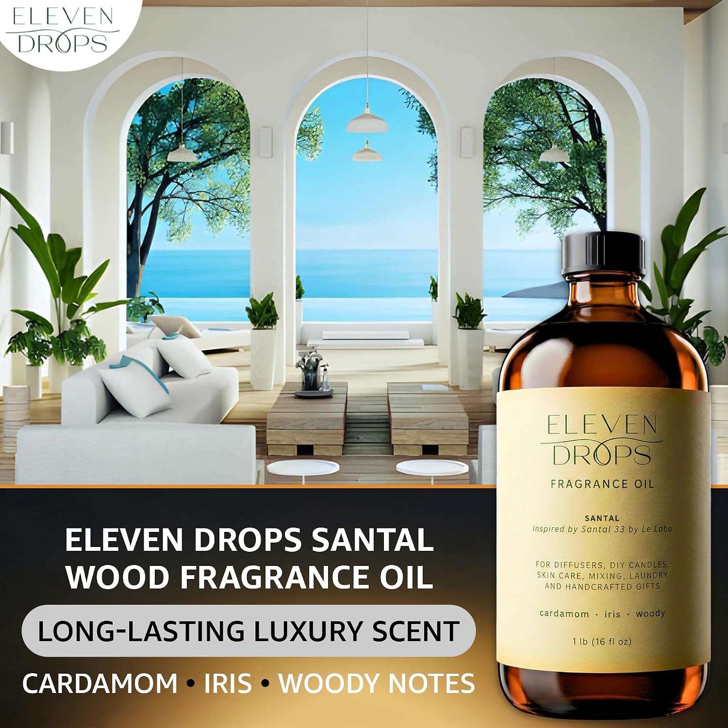 Santal Fragrance Oil | Cardamom, Iris & Woody Notes | Long Lasting Scent Reed Diffuser Oil for Home, Office, Hotel, Spa, Car & Linen Spray | Pet Friendly IFRA Compliant, 16 oz