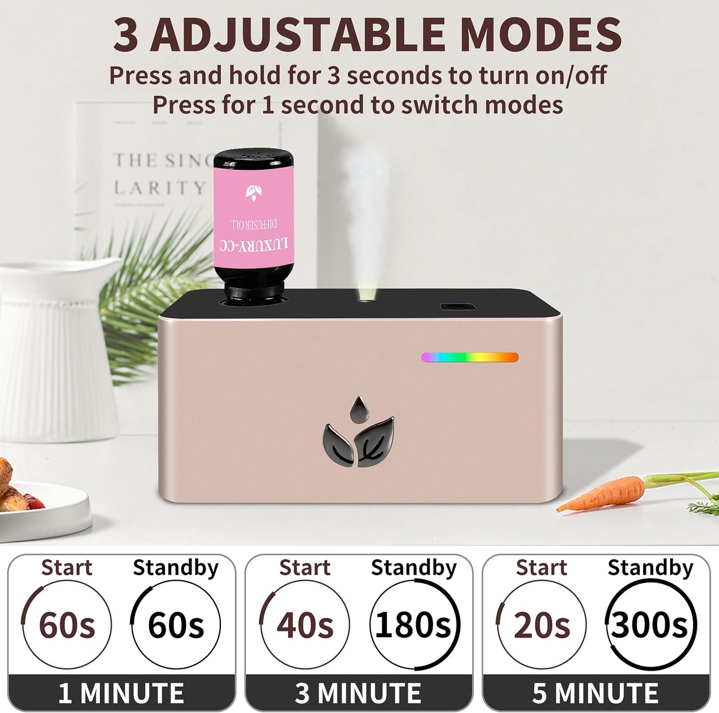 Waterless Diffuser, Essential Oil Diffuser with 6pcs Mixed Scent Fragrance Oils, Rechargeable Air Aromatherapy Diffuser with 3 Spray Modes for Home Office Hotel