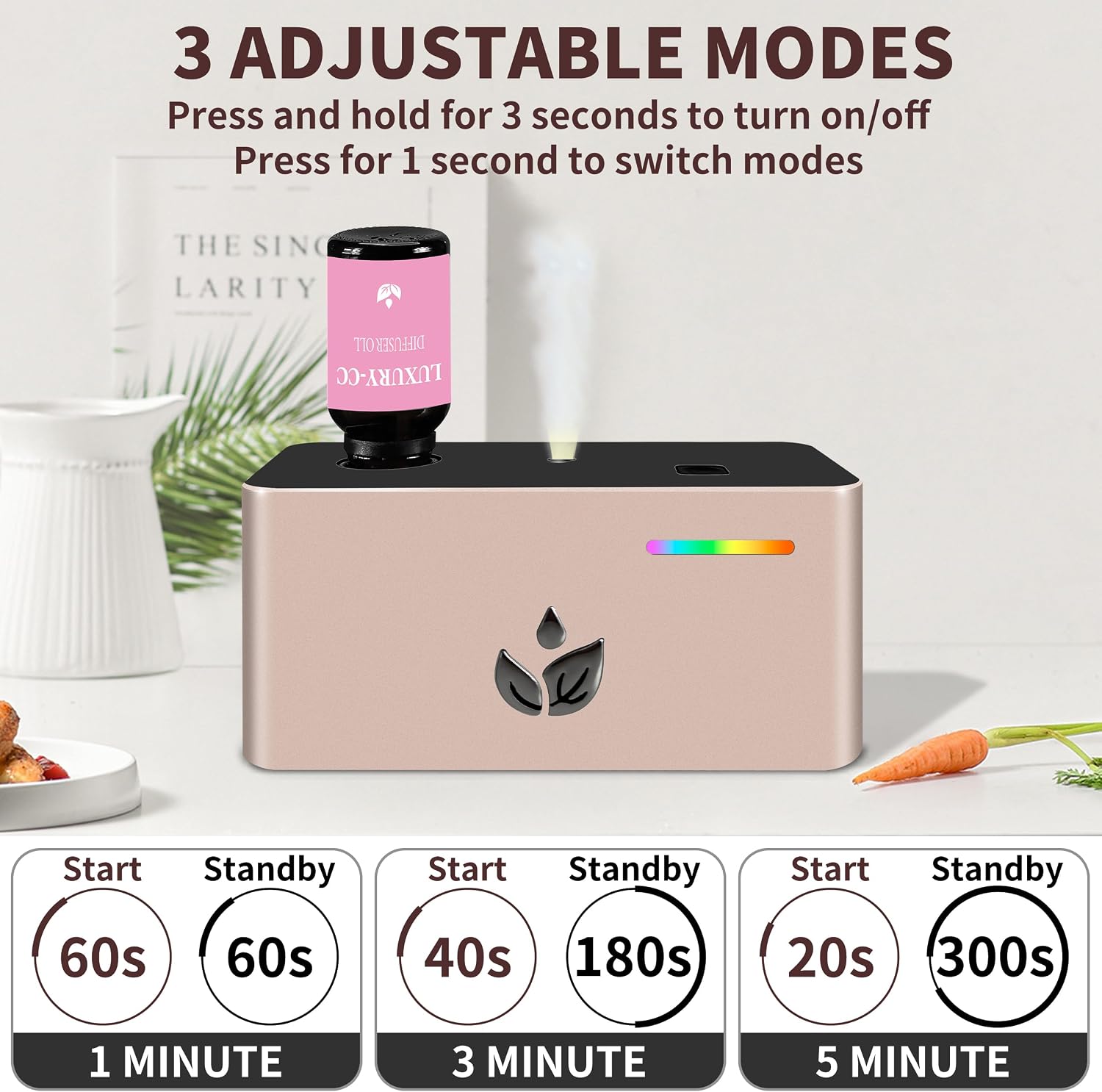 Waterless Diffuser, Essential Oil Diffuser with 6pcs Mixed Scent Fragrance Oils, Rechargeable Air Aromatherapy Diffuser with 3 Spray Modes for Home Office Hotel