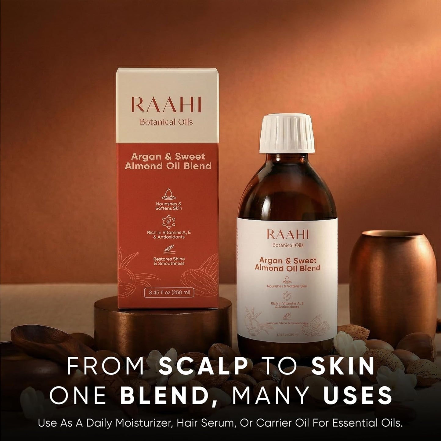 RAAHI Argan Oil and Sweet Almond Oil for Hair and Skin, 8.45 fl oz / 250 ml, Lightweight Non Greasy Moisturizer for Face, Body, Scalp and Hair