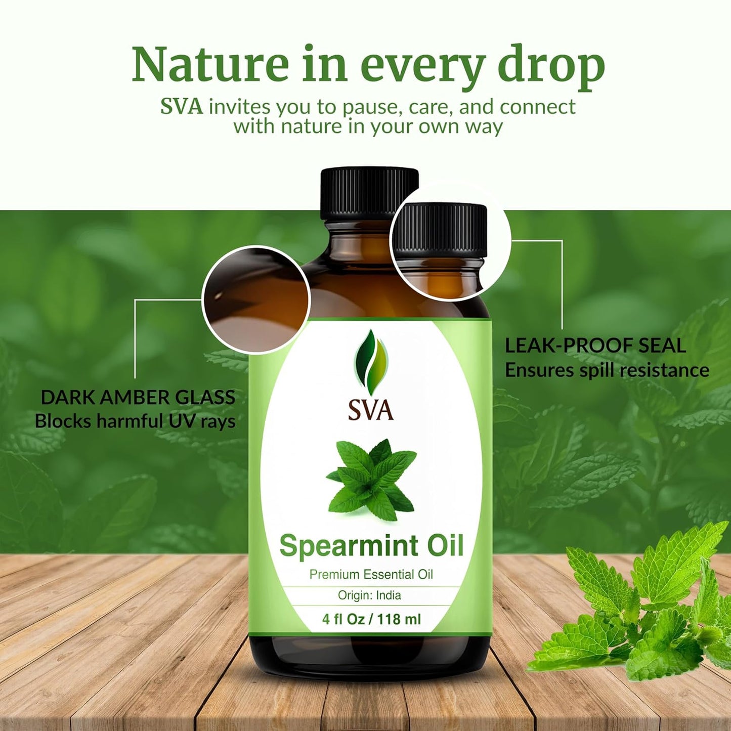 SVA Spearmint Essential Oil 4 Oz with Dropper 100% Pure Natural Undiluted Premium Therapeutic Grade Oil for Diffuser, Aromatherapy, Face, Body & Hair Care