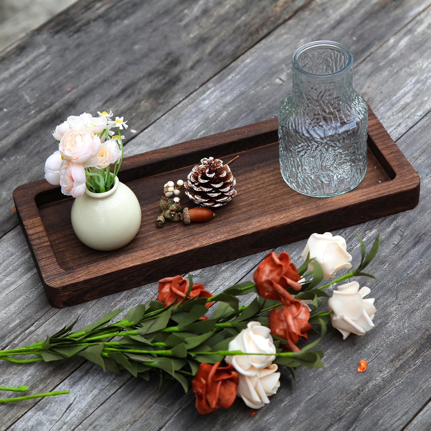Hatway Wooden Decorative Tray Candle Holder Long Wood Tray Home Decor,Centerpieces Plates for Table centerpieces for CoffeeTable,Christmas Decor