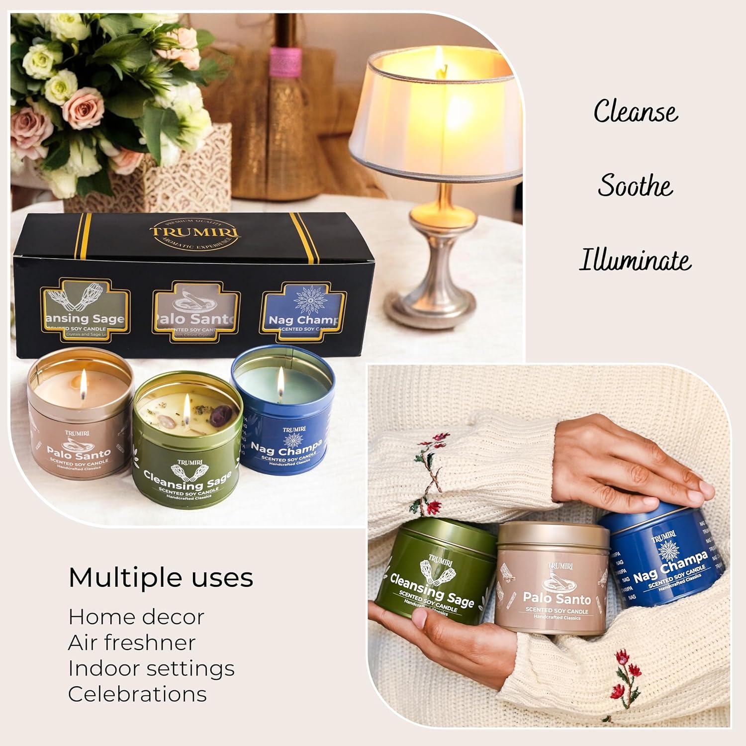 Cleansing Sage, Palo Santo, Nag Champa - Soy Candles Non Toxic - Highly Scented Long Lasting with Essential Oils - Variety Pack of 3 x 5oz - for Home Aromatherapy Meditation Gift Travel