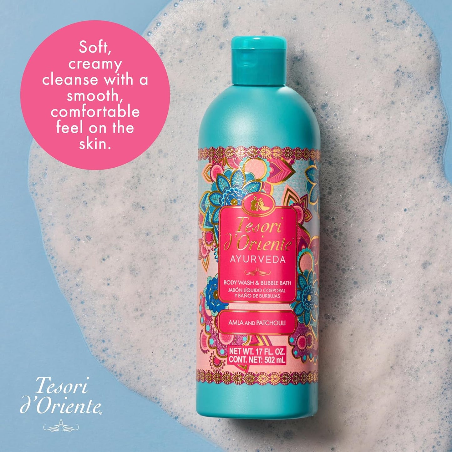Tesori d’Oriente Ayurveda Body Wash & Bubble Bath, 17.5 fl oz, Gentle, Hydrating Shower Gel with Amla Oil & Vitamin-E, Warm Patchouli Citrus Scented, No Silicones, Parabens & Mineral Oil