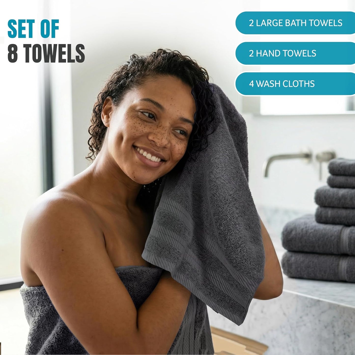 Utopia Towels 8 Piece Towel Set – Super Absorbent & Quicker-to-Dry, Thick 100% Ring Spun Cotton Towels for Bathroom, Spa & Hotel – 2 Bath, 2 Hand, 4 Washcloths, Grey