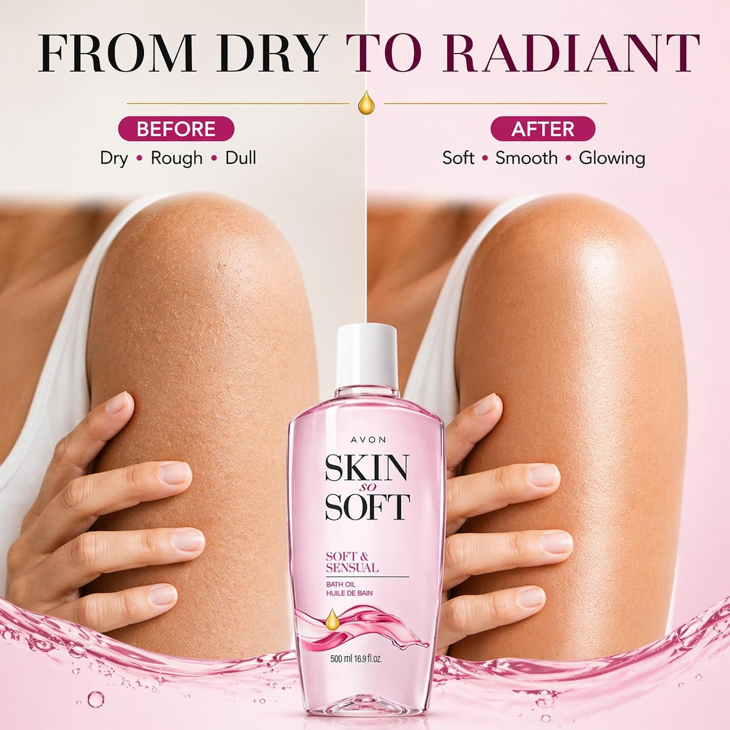 AVON Skin So Soft Soft & Sensual Bath Oil with Argan— Moisturizing Shower Oil for Dry Skin — Hydrating in & After-Shower Care for Women & Men —Non Greasy, Scented Bath and Body Essential, 16.9 fl oz