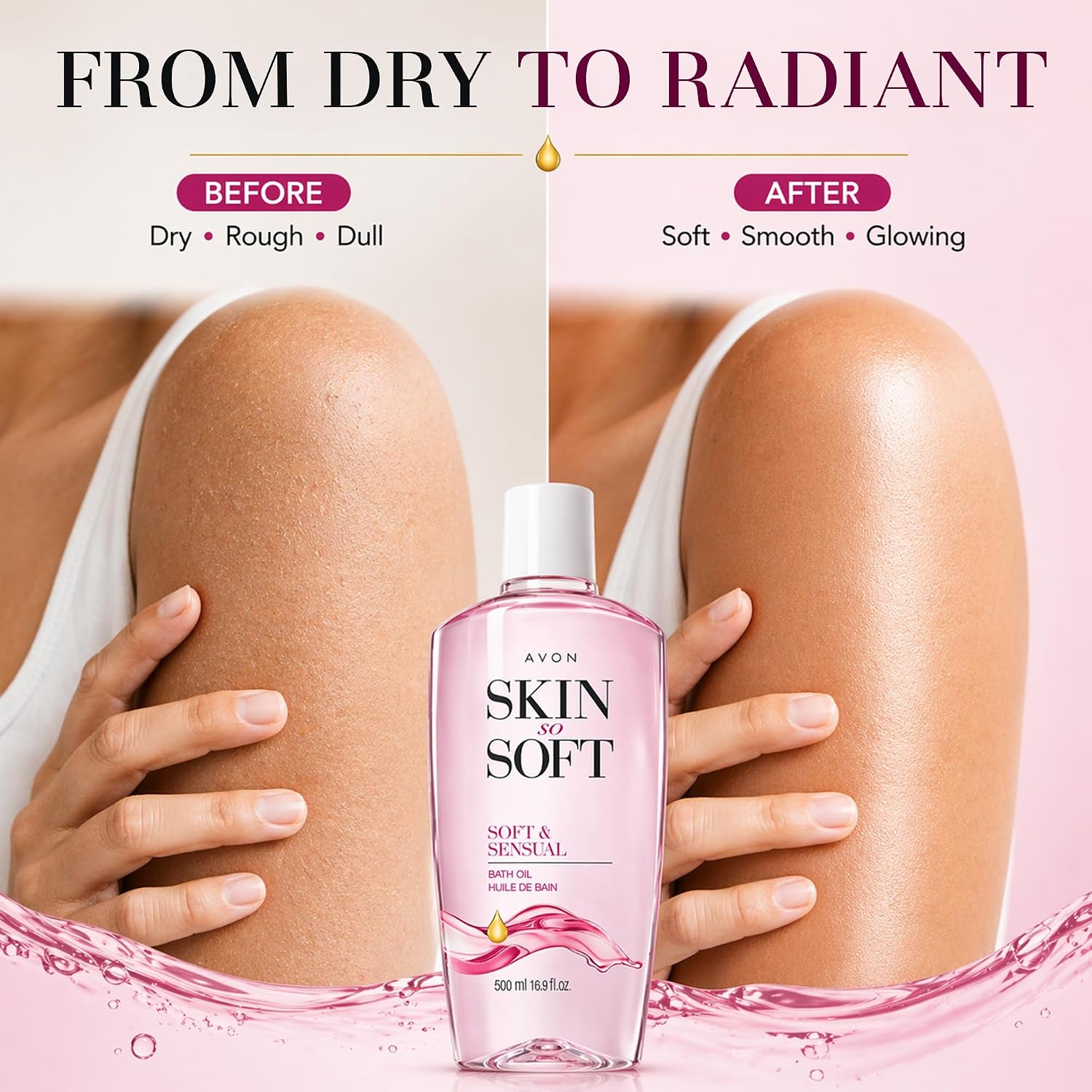 AVON Skin So Soft Soft & Sensual Bath Oil with Argan— Moisturizing Shower Oil for Dry Skin — Hydrating in & After-Shower Care for Women & Men —Non Greasy, Scented Bath and Body Essential, 16.9 fl oz