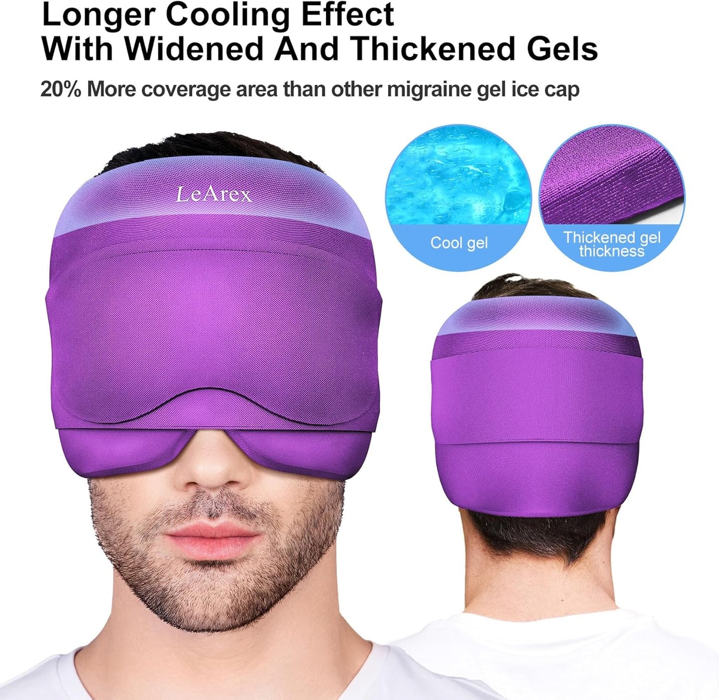 2 in 1 Migraine Relief Cap with Gel Eye Mask, Headache Relief Cap Ice Head Wrap Hot and Cold Therapy Hat Gift for Women for Headache Puffy Eyes Sinus and Tension Stress Relief (Purple)