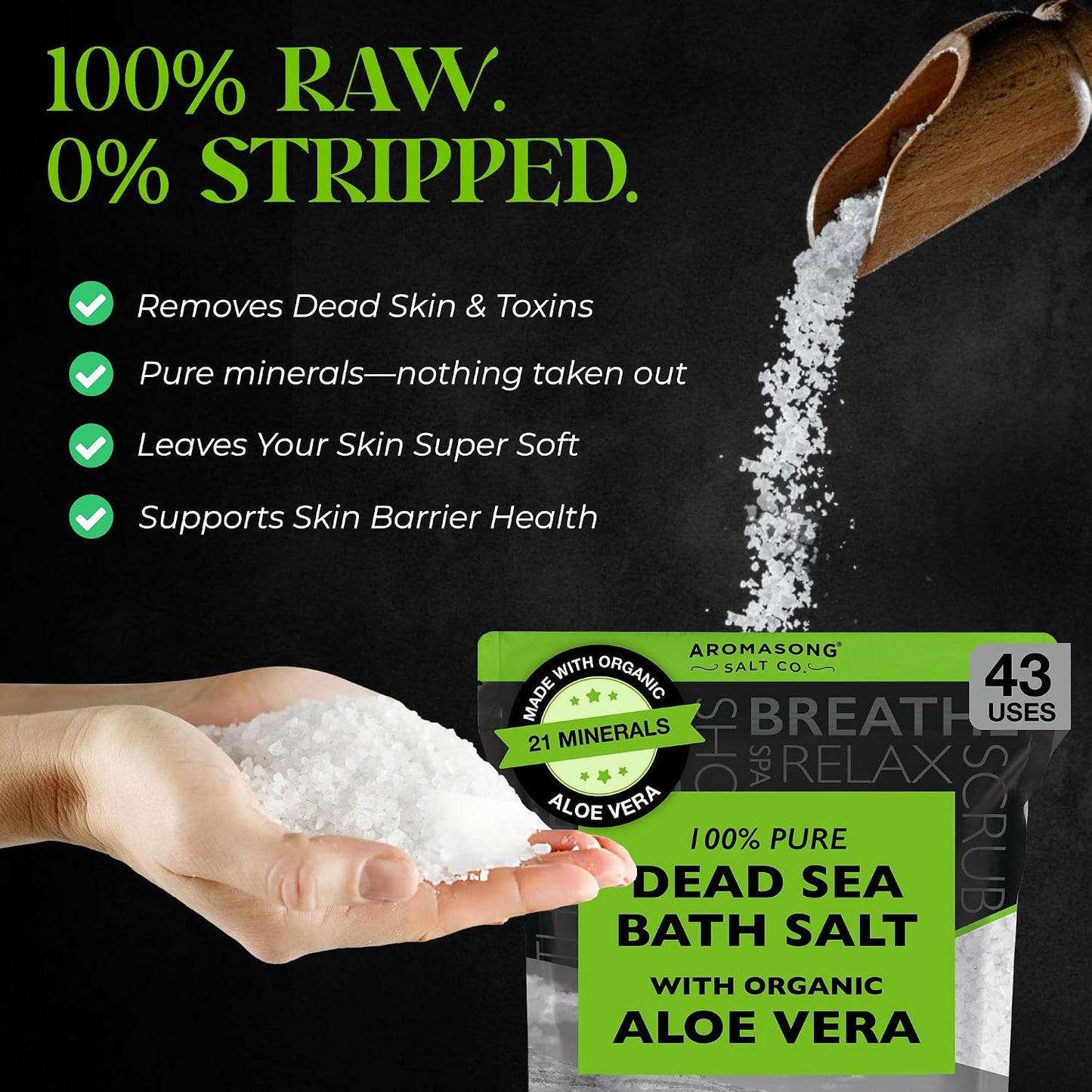 Aromasong Dead Sea Salt with Organic Aloe Vera, Spa Bath Salts, 19 Lbs Fine Bulk resealable Pack, 100% Pure & Natural, Soak for Women & Men for Tired Muscles & Skin Issues (Packaging May Vary)