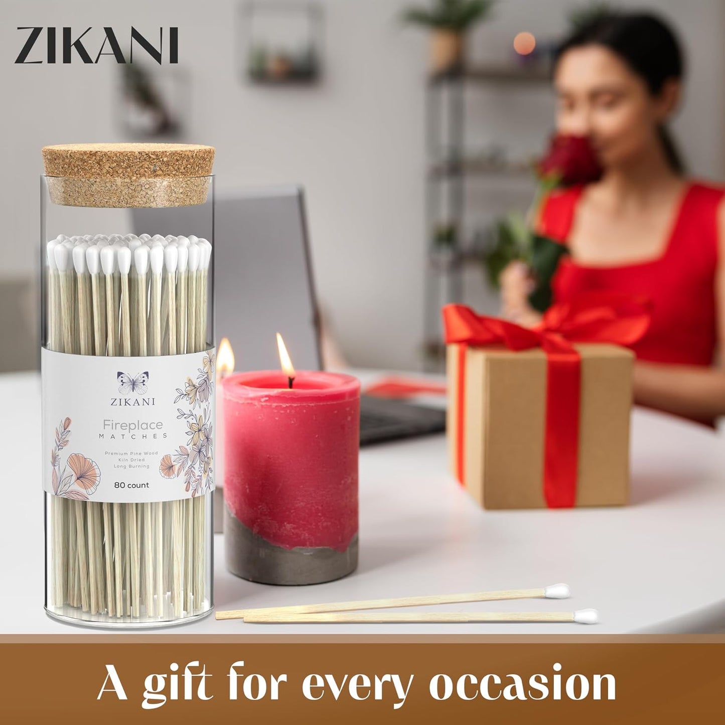 White Tip Fireplace 8-inch Long Shabbat Matches Pack of 80 Decorative Safety Matches with Cork Top Glass Holder Including Striker Ideal for Lighting