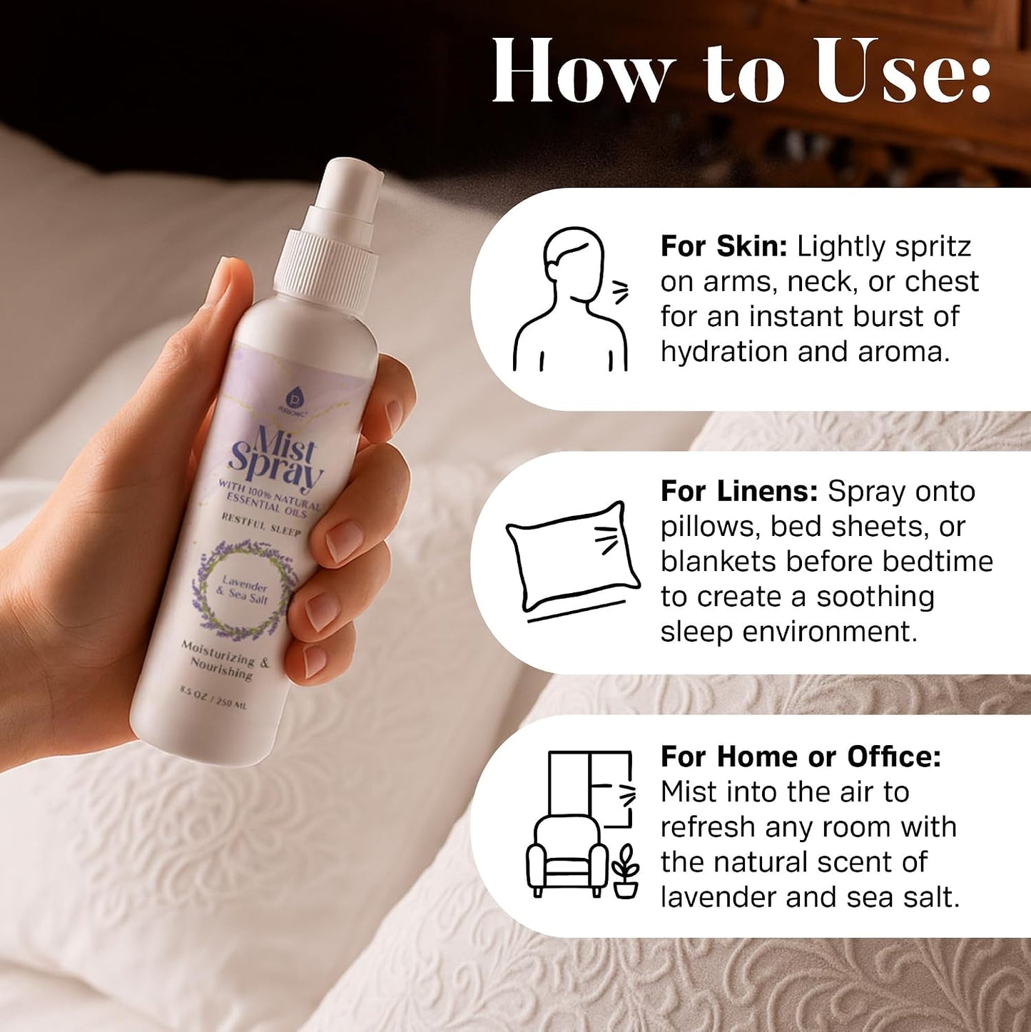 Lavender & Sea Salt Mist Body Spray – Multi-Use Aromatherapy with Essential Oils for Skin, Pillow Spray for Sleeping, Linen & Room Freshener, Hydrating Body Mist, 8.5 oz (Pack of 3)