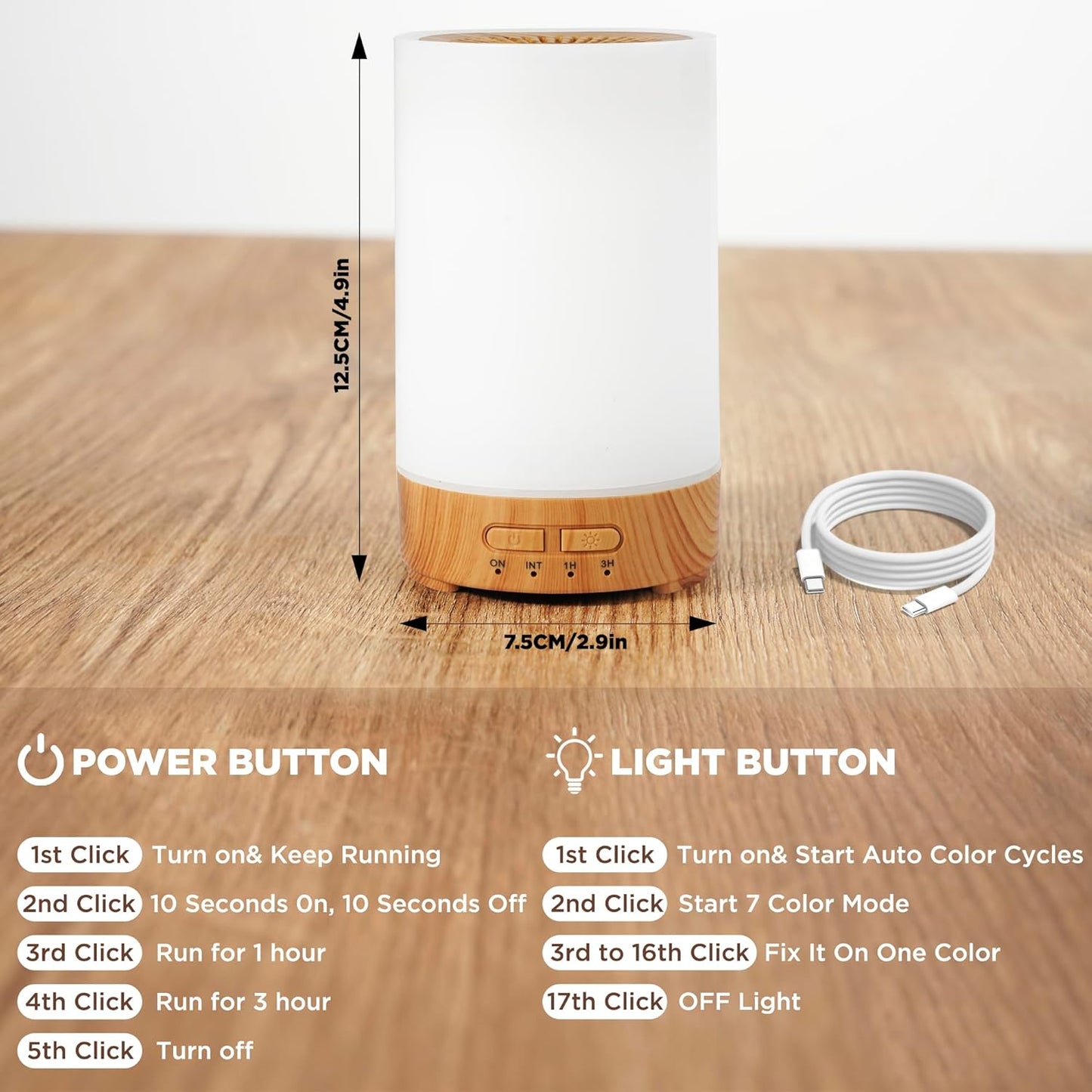 150ML Essential Oil Diffuser, Small Portable Aromatherapy Diffuser, Home Fragrance Aroma Diffuser with 7-Color LED Light, Ultrasonic Cool Mist Humidifier/Air Revitalizer for Bedroom（Light Color）