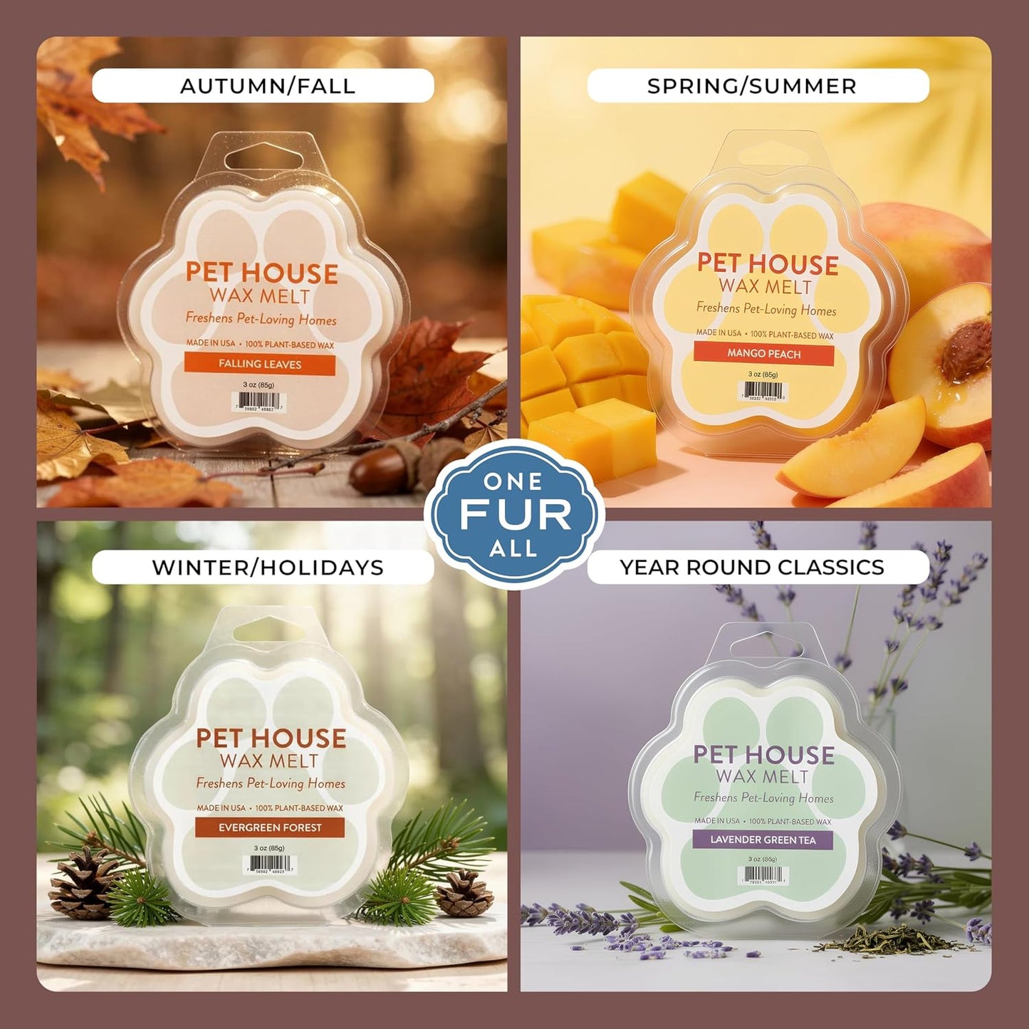 One Fur All Pet House Scented Wax Melts, Natural, Plant Based Soy Wax Melts for Pet Odor, Long Lasting Winter Fragrances for Fresh Smelling Homes, Evergreen Forest and Fireside, Pack of 2