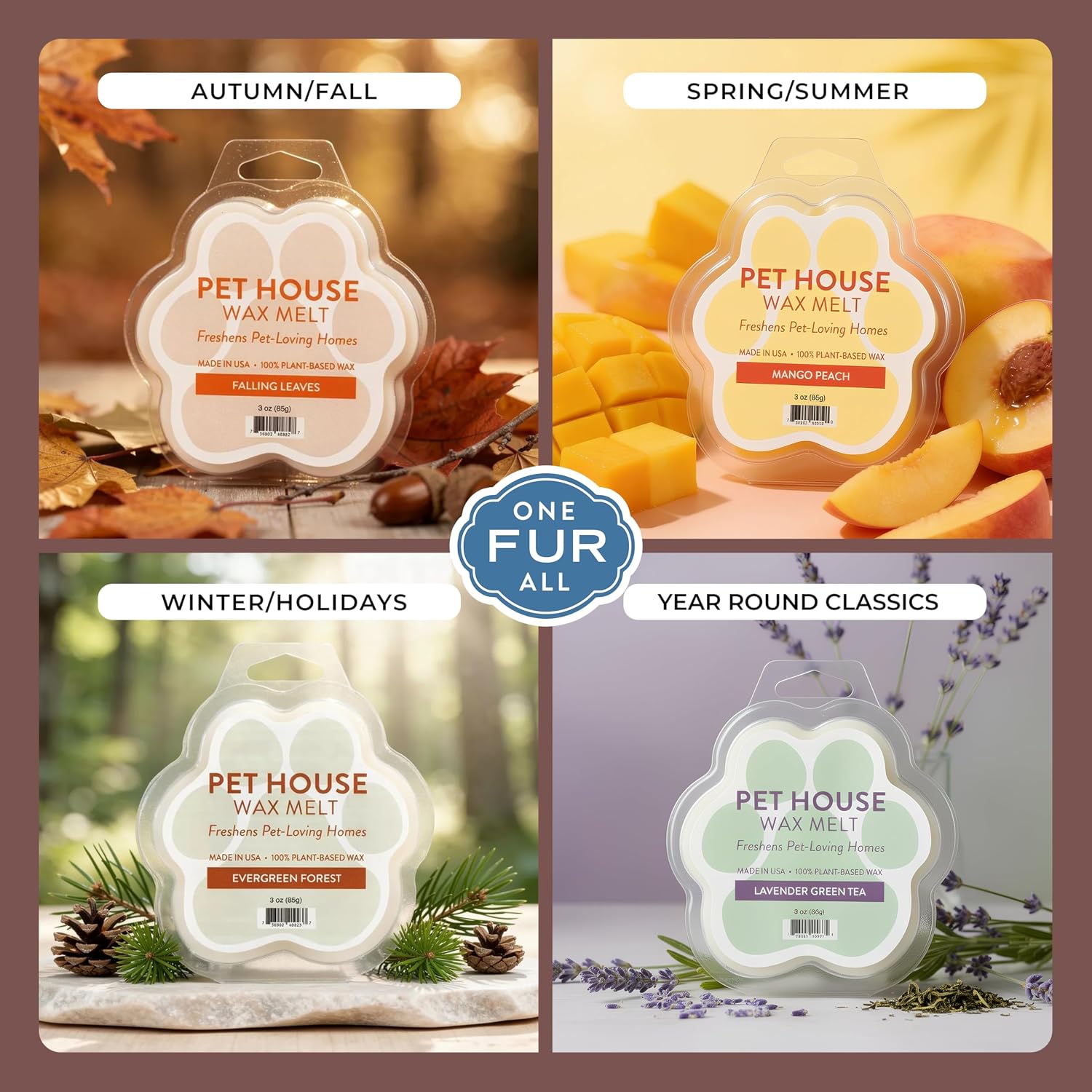 One Fur All Pet House Scented Wax Melts, Natural, Plant Based Soy Wax Melts for Pet Odor, Long Lasting Winter Fragrances for Fresh Smelling Homes, Evergreen Forest and Fireside, Pack of 2