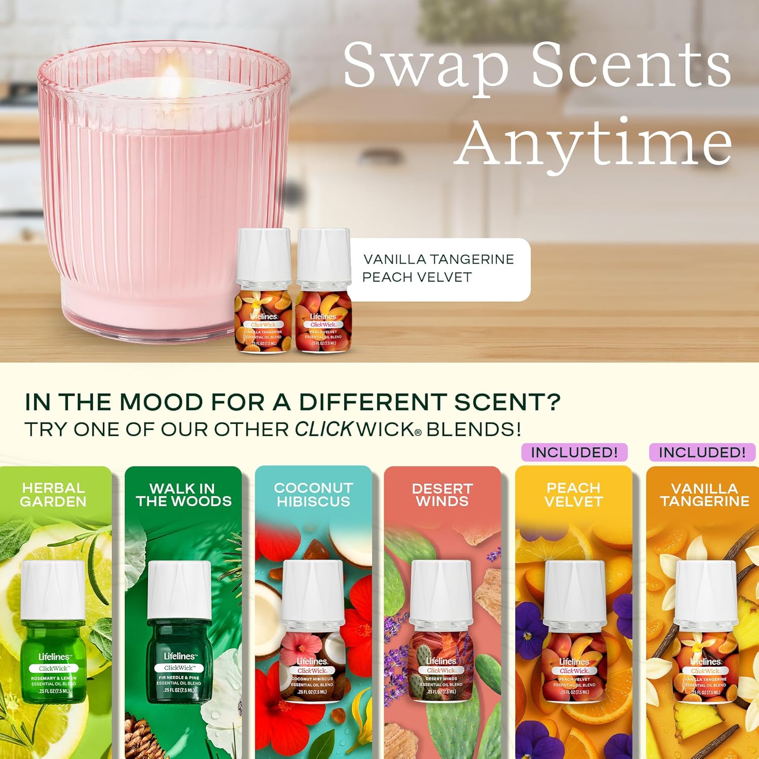 Lifelines Flameless Candle Aromatherapy Essential Oil Diffuser with 2 ClickWick Essential Oil Blends - Cordless & Waterless Diffuser for Home - Scented Electric Candles Blow Out Flame - Pink Jar