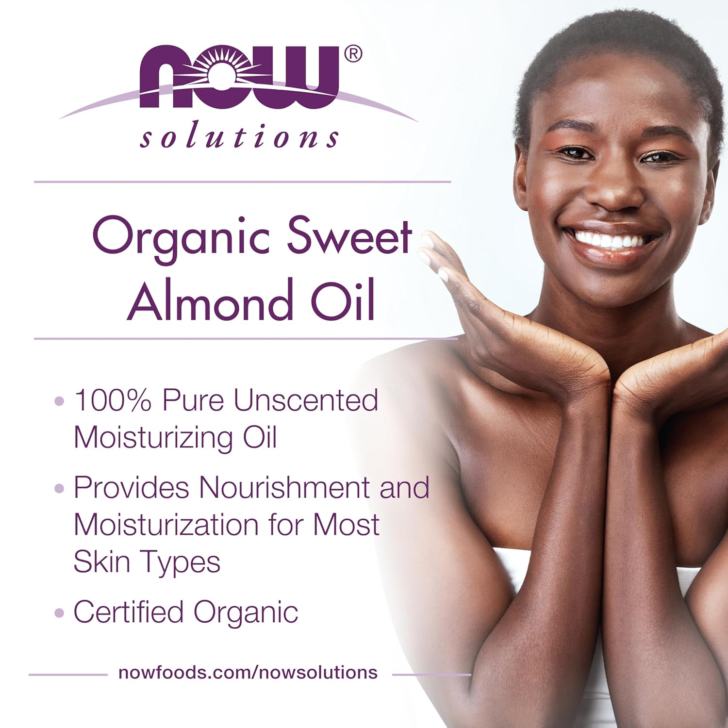 NOW Foods Solutions, Organic Sweet Almond Oil, 100% Pure Moisturizing Oil, Promotes Healthy-Looking Skin, Unscented Oil, 8-Ounce