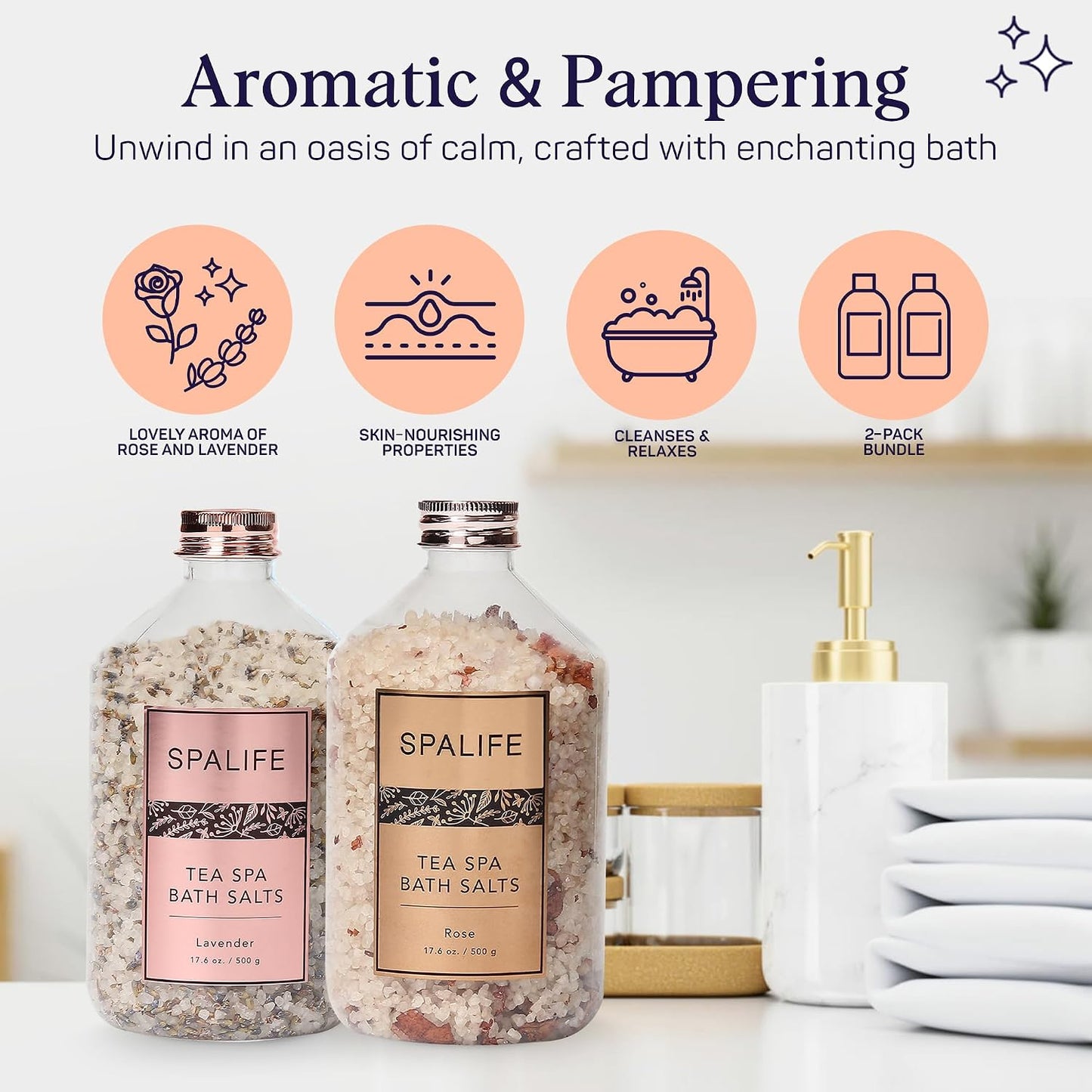 SpaLife Effervescent Rose & Lavender Bath Salts for Women Relaxing | All Natural Aromatherapy Dead Sea Salt Bath Soak Duo | Real Flower Petals for Relaxing Mineral Baths | 2-Pack (35.2 oz)