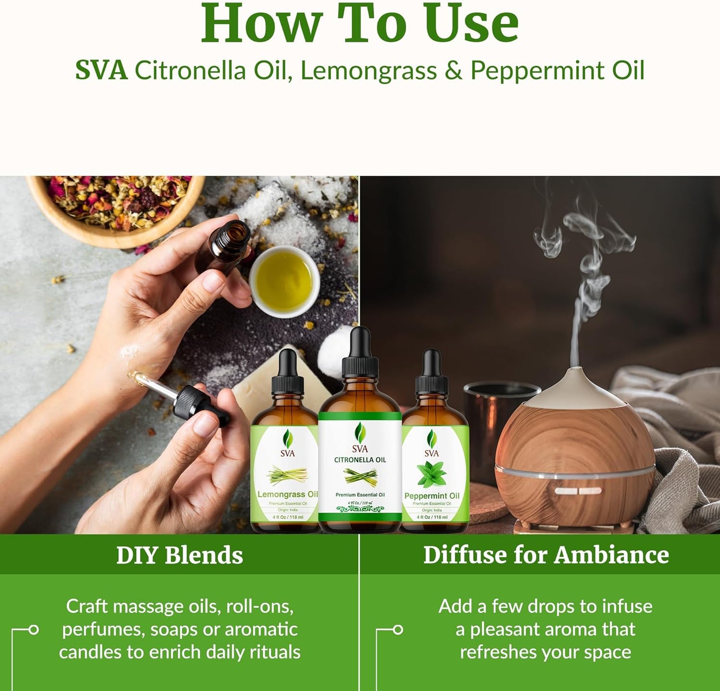 SVA Citronella, Lemongrass, and Peppermint Essential Oil 4 oz Bundle Super Saver Combo – Premium Grade Value Set for Hair Oiling, Scalp Massage, Hair Care, Skin Care and Body Massage