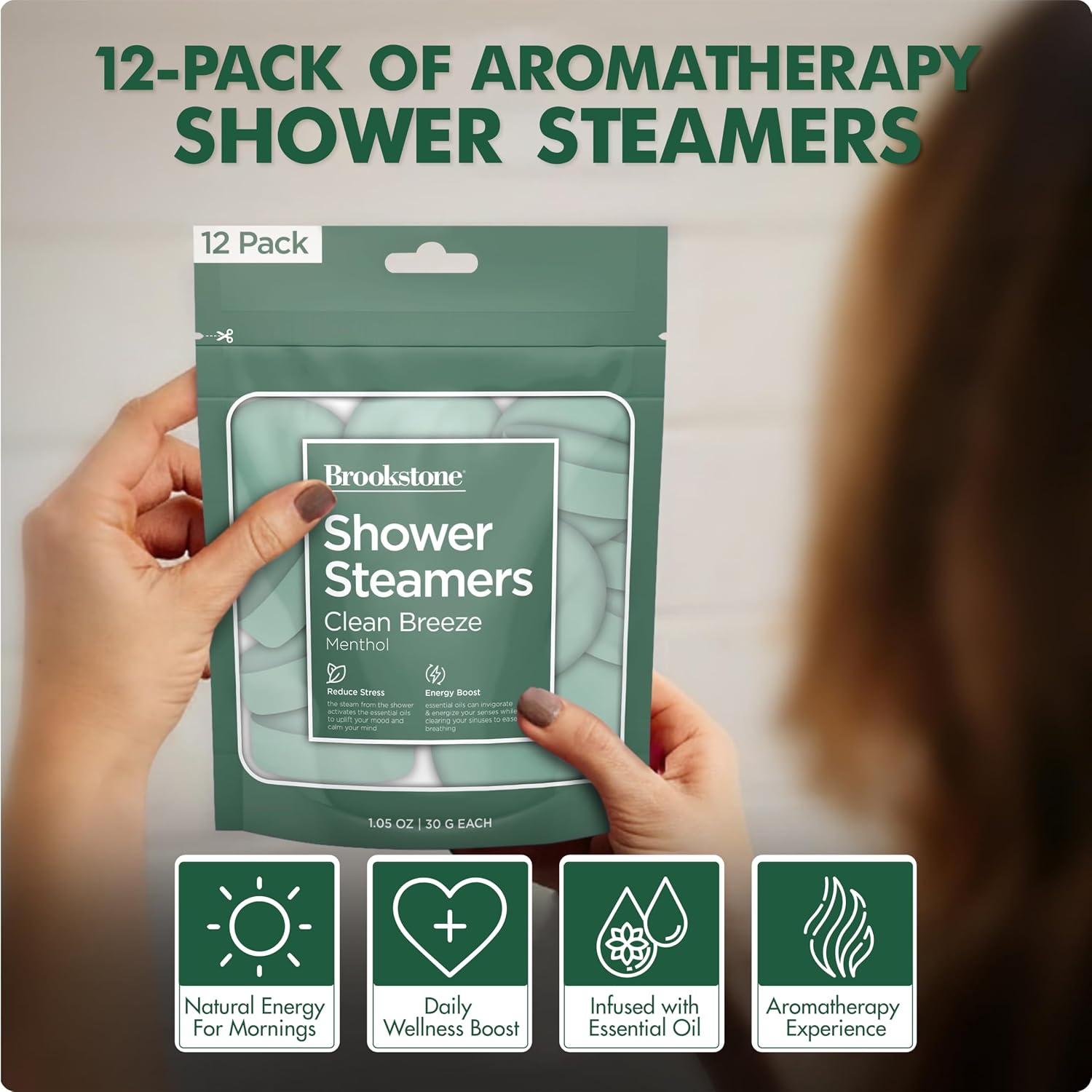 Brookstone Shower Steamers Aromatherapy 12 Tablets - Christmas Stocking Stuffers for Men, Birthday Gifts for Women, Green Elephant, Relaxation, Self Care - Shower Steamers Clean Breeze