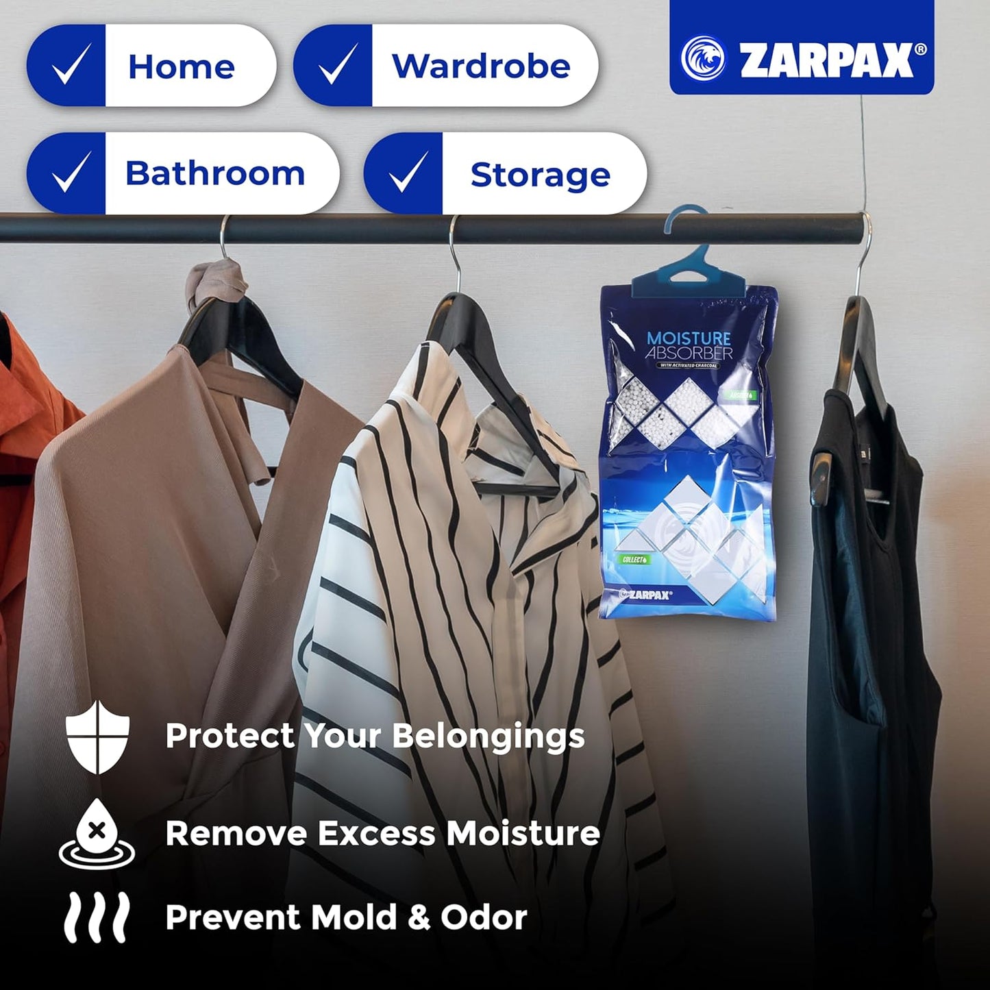 ZARPAX Hanging Moisture Absorber Activated Charcoal 10.6 oz/300g | Moisture Absorbing Bags for Bathroom, Closet & Kitchen | Removes Moisture, Humidity & Odors | Portable Dehumidifier | Set Of 10
